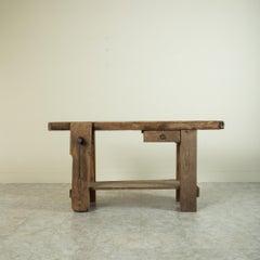 Late 19th Century French Bleached Oak Workbench with Vise, Drawer, Lower Shelf