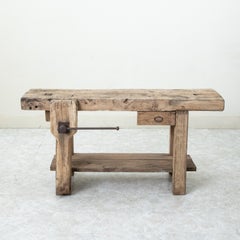 Late 19th Century French Bleached Oak Workbench with Vise, Drawer, Lower Shelf
