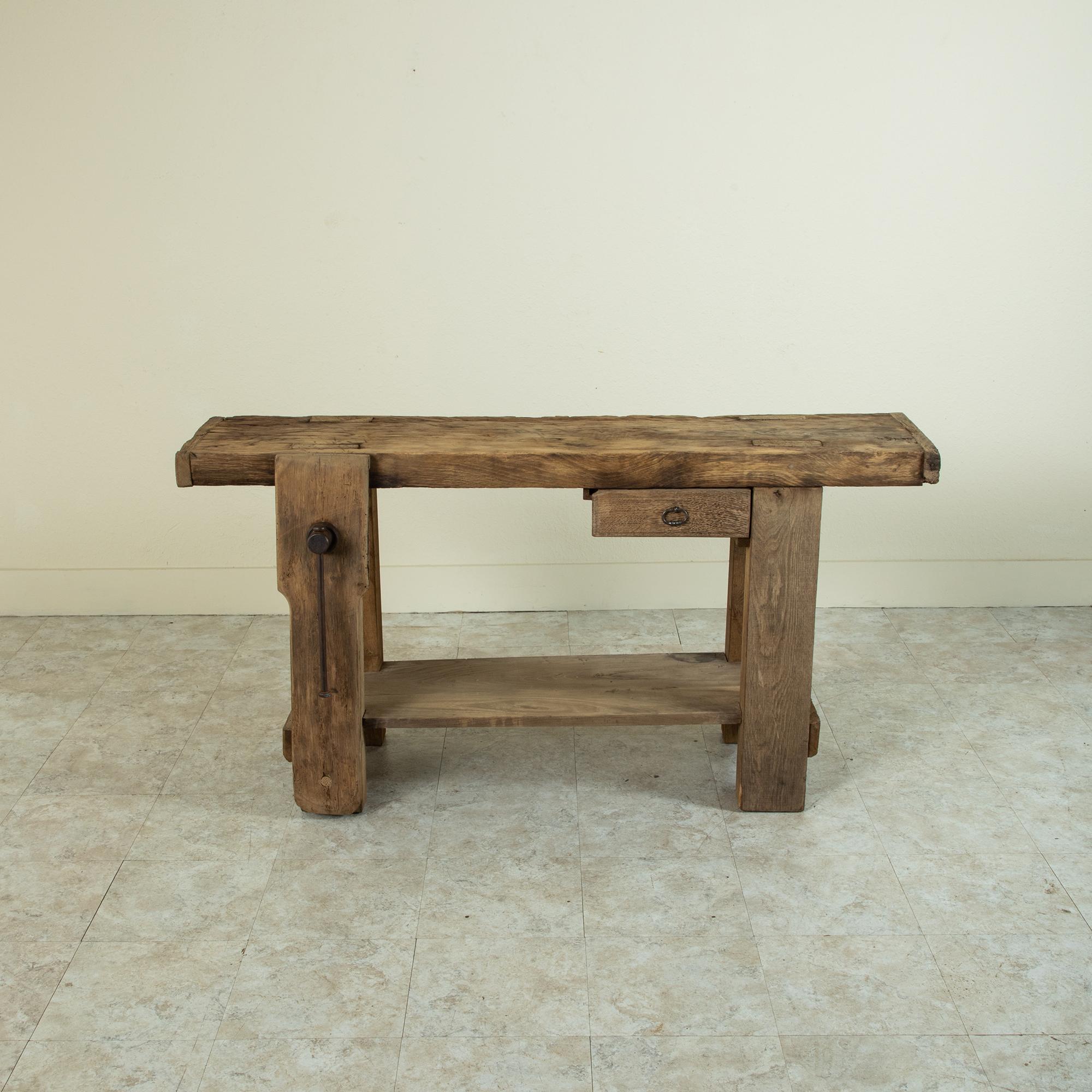 Late 19th Century French Bleached Oak Workbench with Vise, Drawer, Lower Shelf In Good Condition In Fayetteville, AR