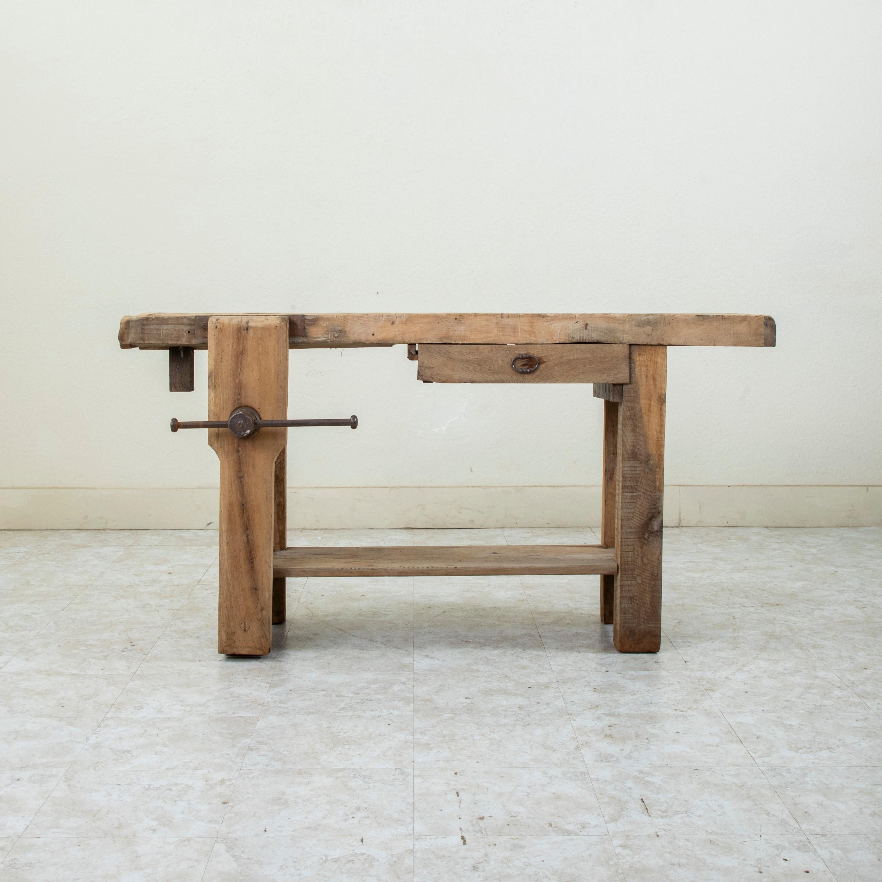 Late 19th Century French Bleached Oak Workbench with Vise, Drawer, Lower Shelf In Good Condition In Fayetteville, AR