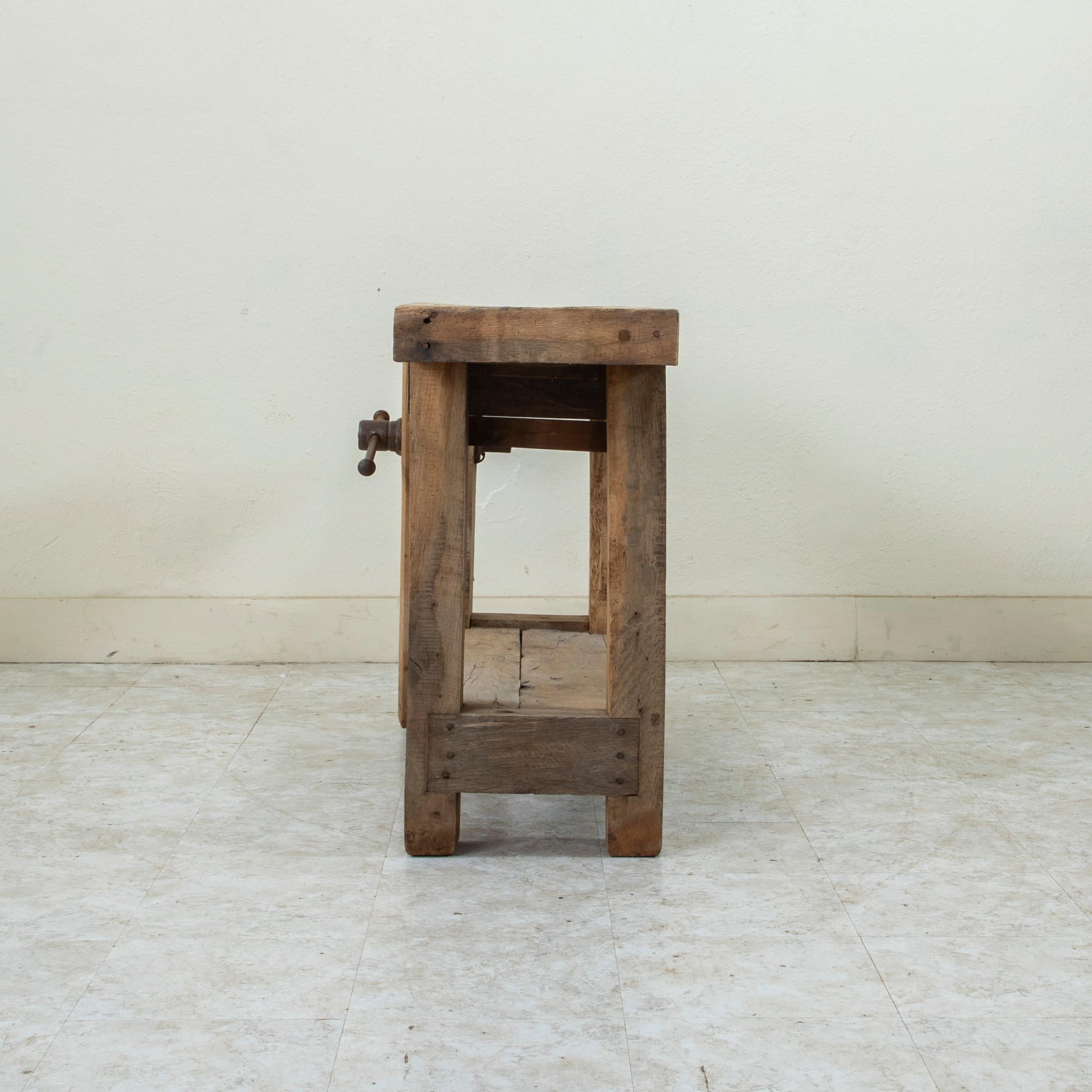 Early 20th Century Late 19th Century French Bleached Oak Workbench with Vise, Drawer, Lower Shelf