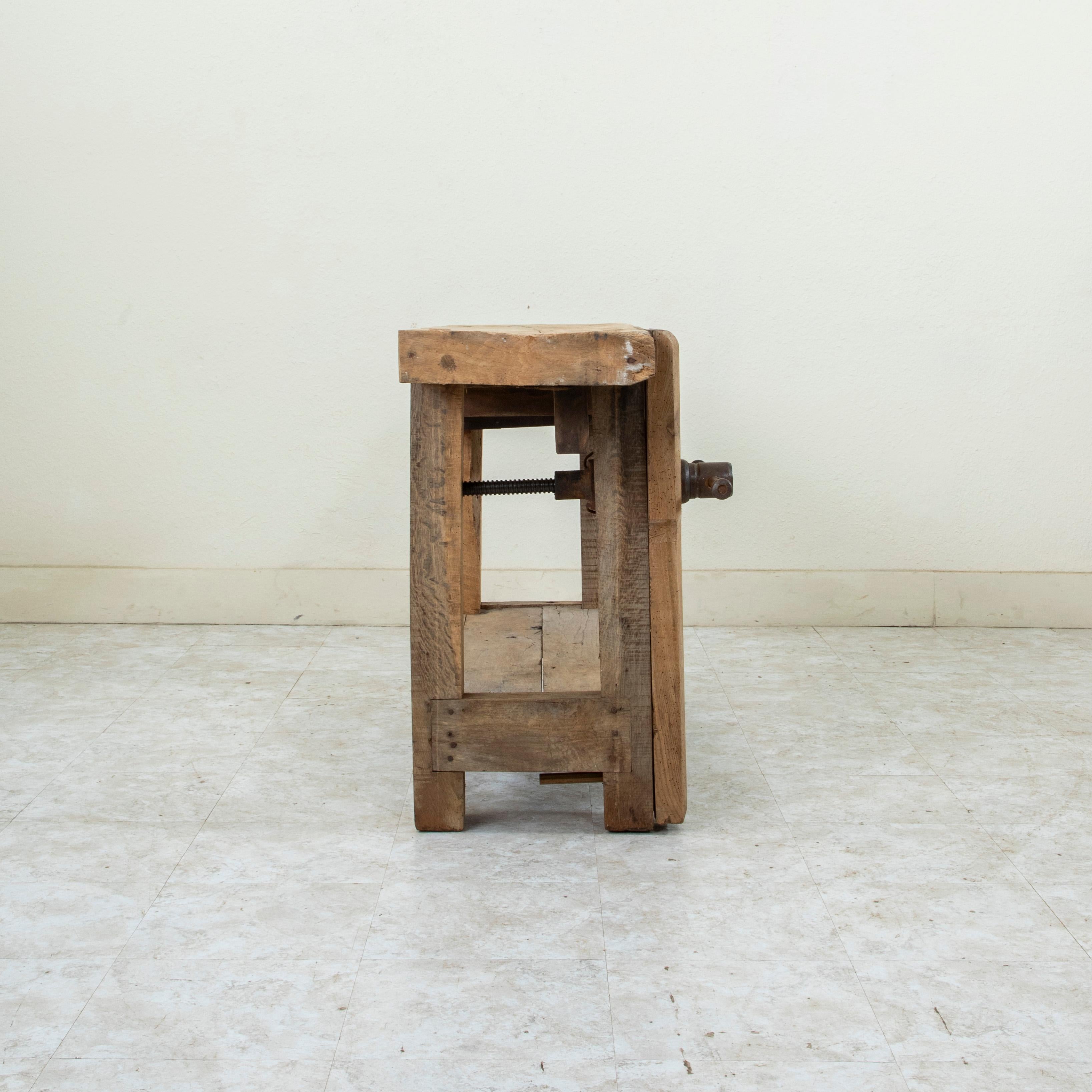 Late 19th Century French Bleached Oak Workbench with Vise, Drawer, Lower Shelf 1