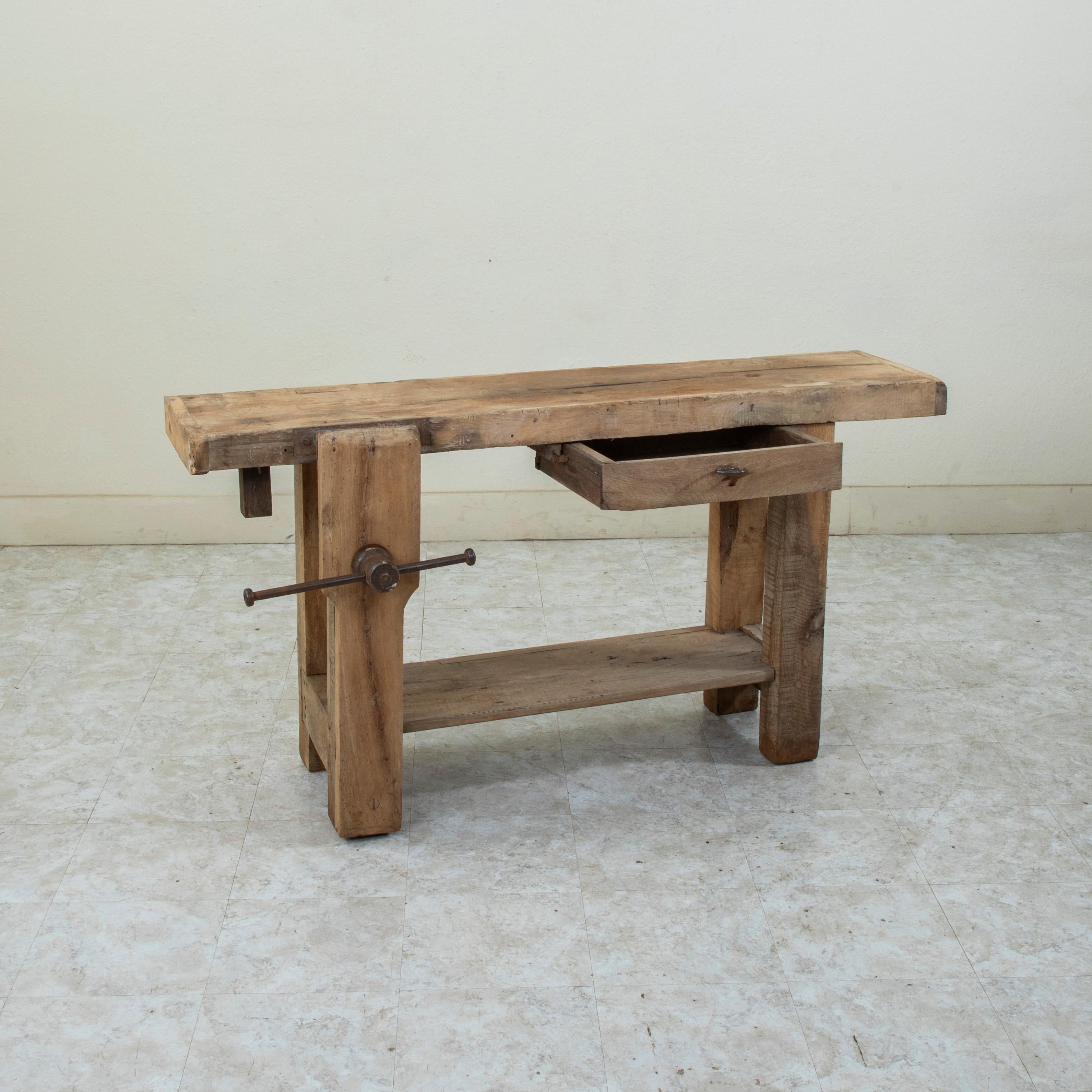 Late 19th Century French Bleached Oak Workbench with Vise, Drawer, Lower Shelf 2
