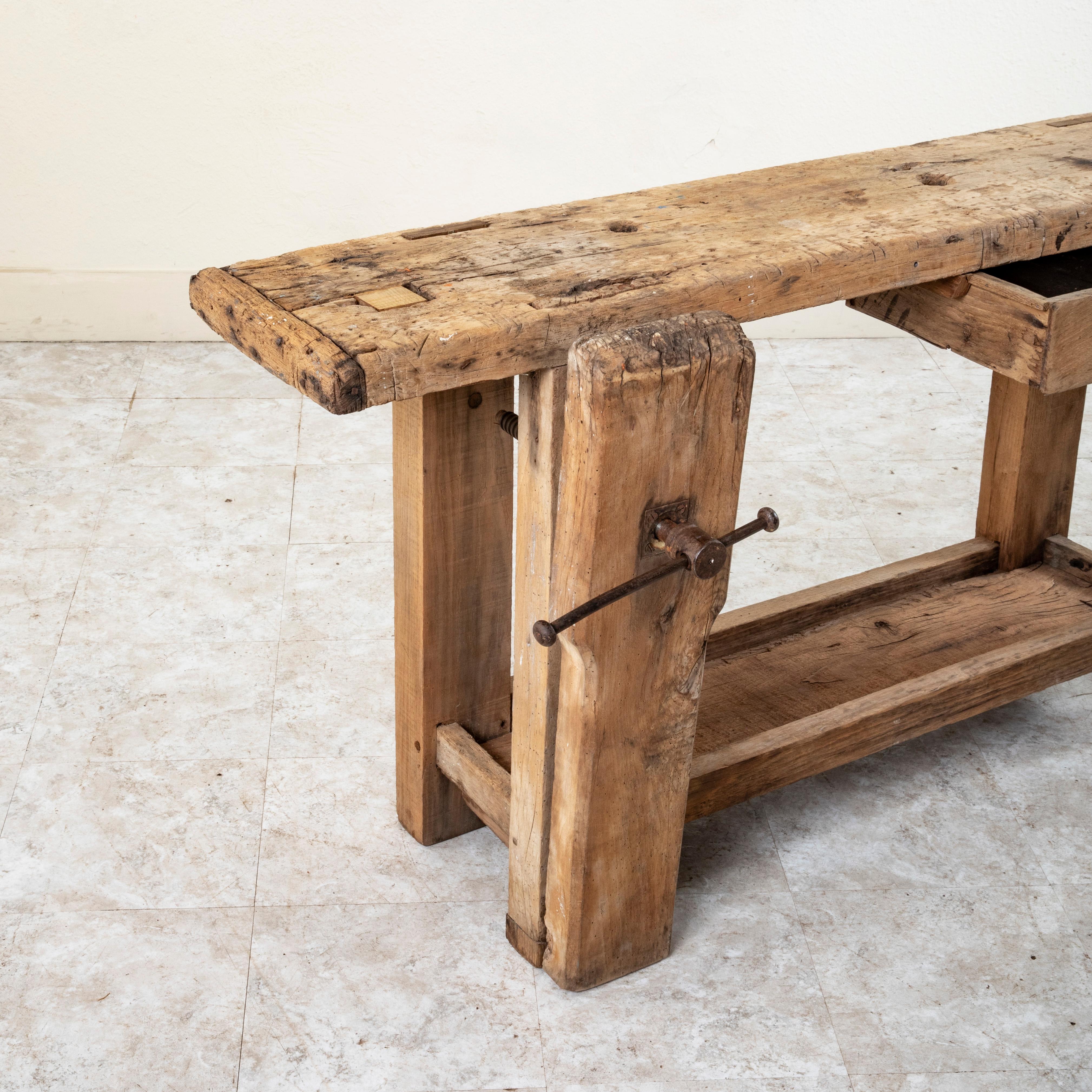 Late 19th Century French Bleached Oak Workbench with Vise, Drawer, Lower Shelf 4