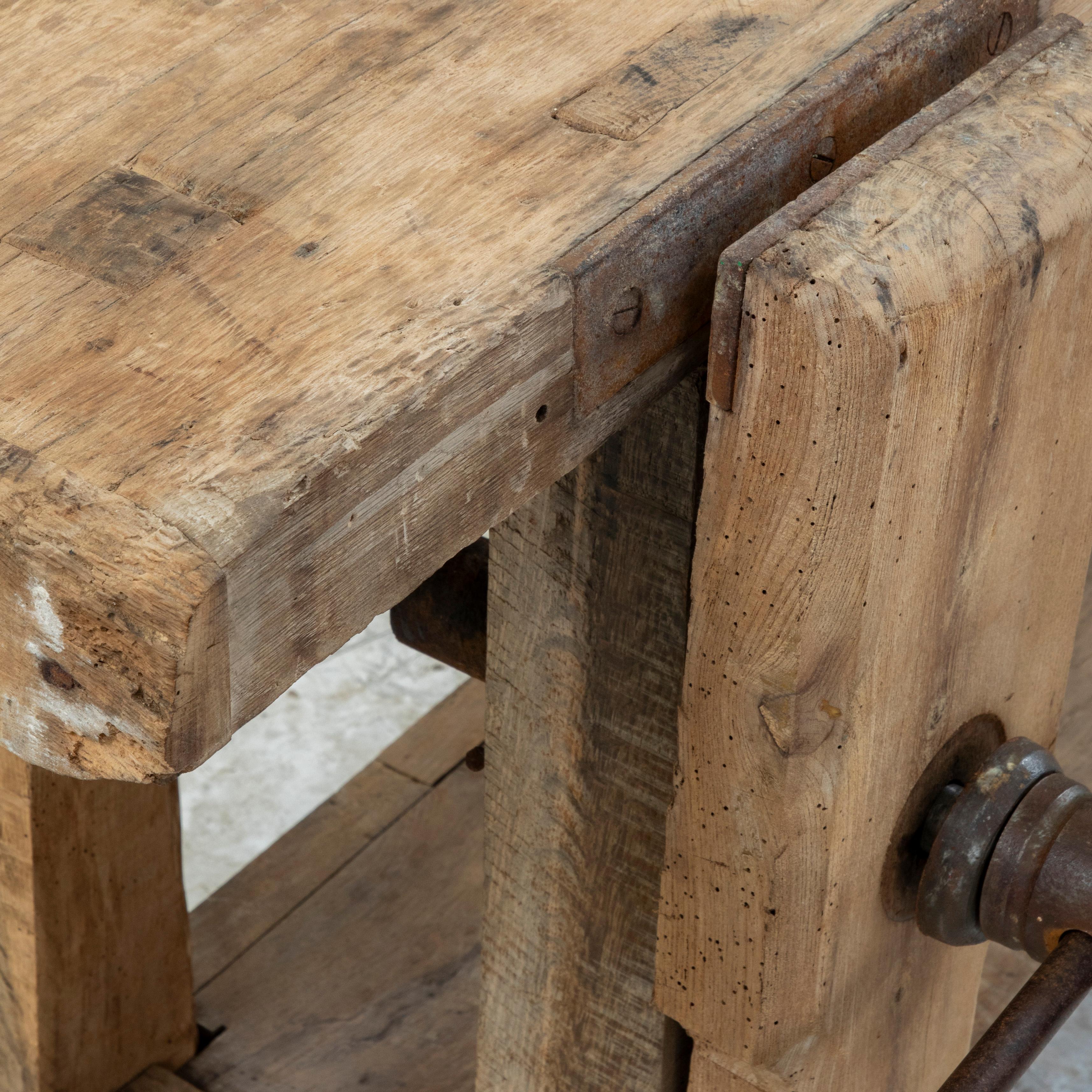 Late 19th Century French Bleached Oak Workbench with Vise, Drawer, Lower Shelf 3