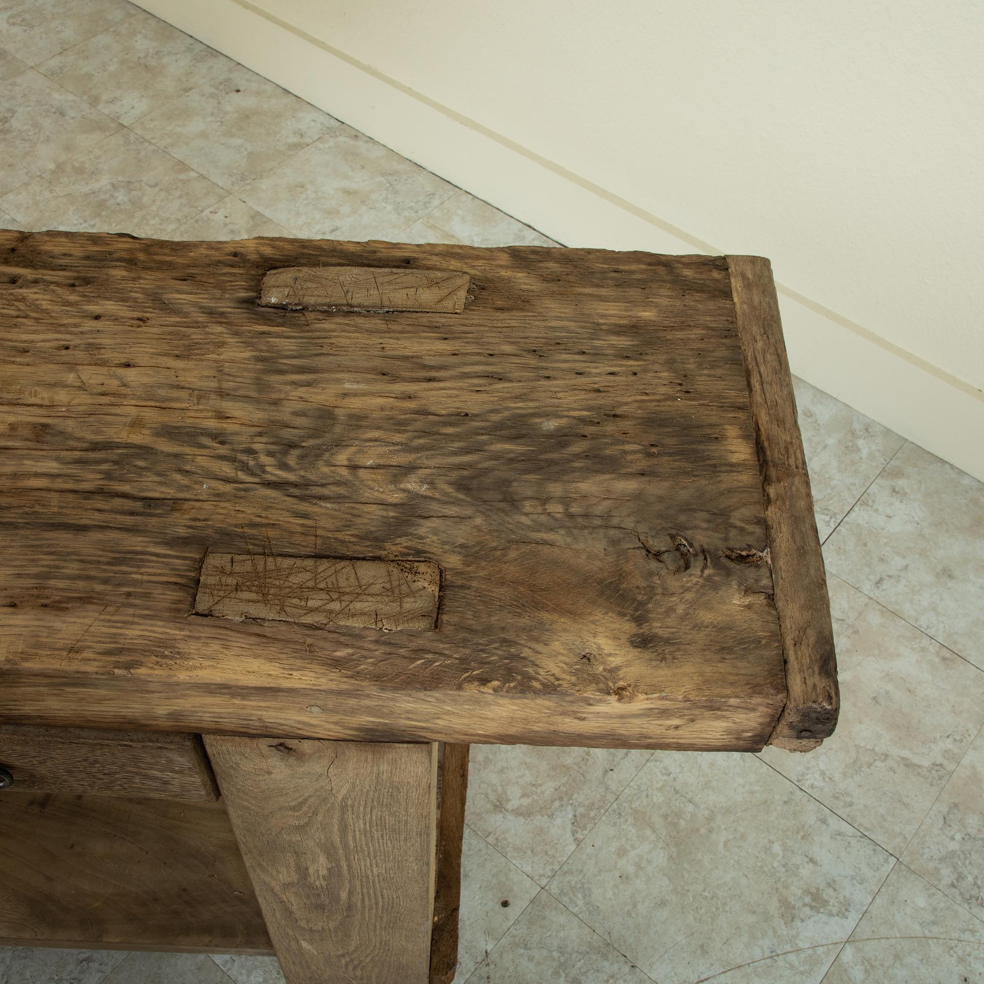 Late 19th Century French Bleached Oak Workbench with Vise, Drawer, Lower Shelf 6