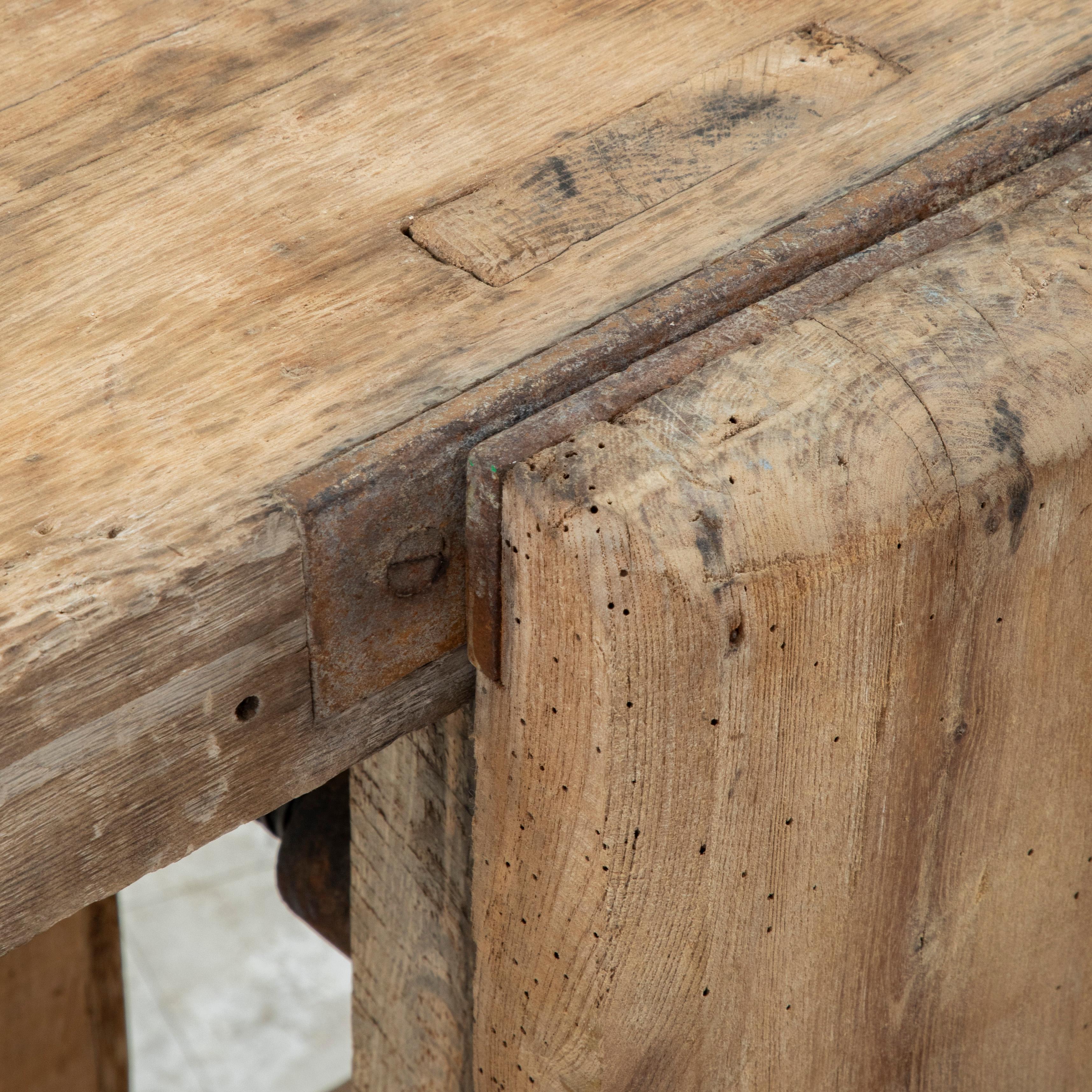 Late 19th Century French Bleached Oak Workbench with Vise, Drawer, Lower Shelf 4