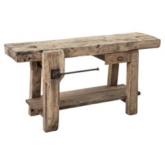 Late 19th Century French Bleached Oak Workbench with Vise, Drawer, Lower Shelf