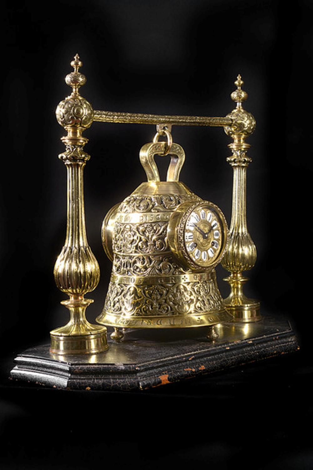 Wood Late 19th Century French Brass Bell Clock on Stand For Sale
