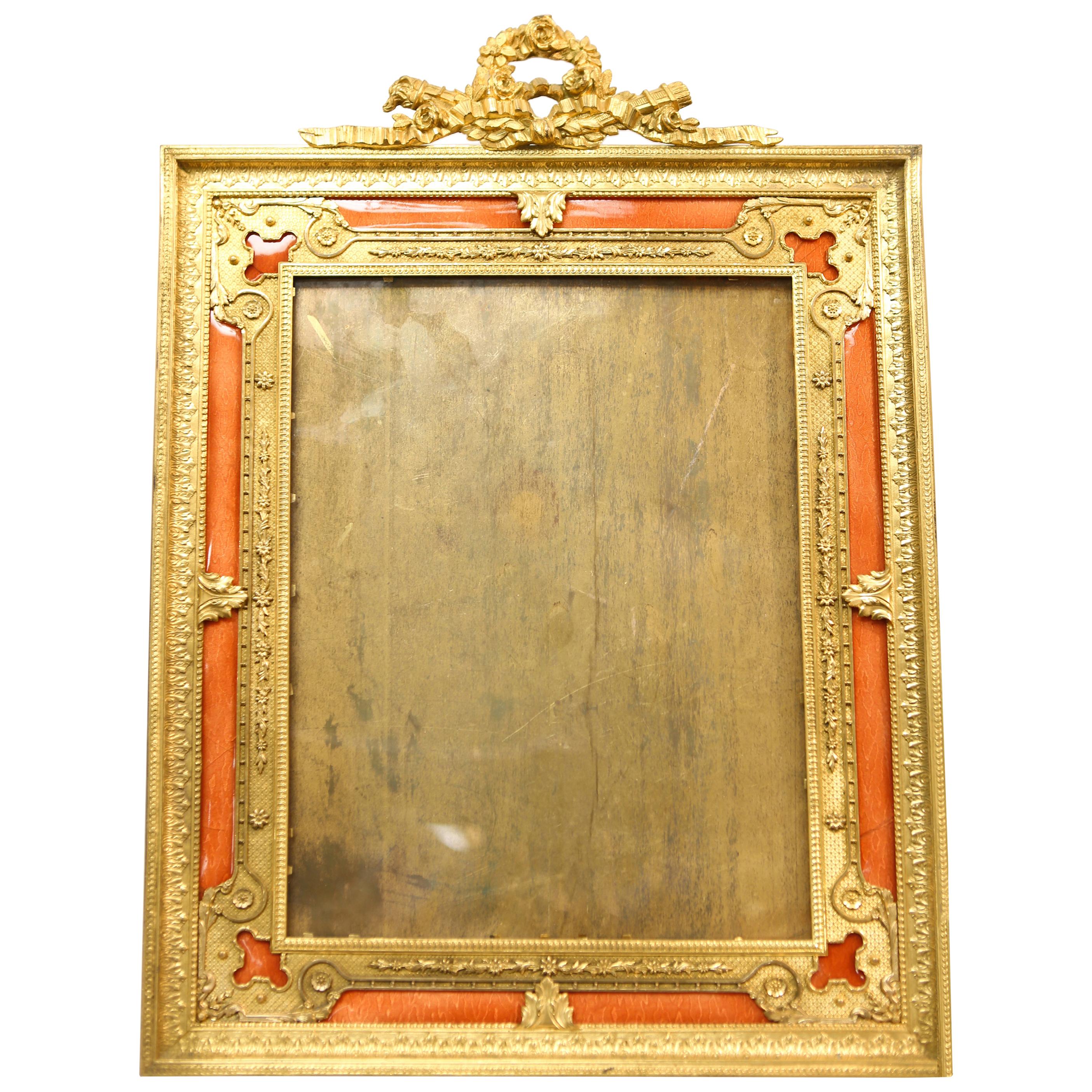 Antique French Gilt Bronze Picture Frame with Pink and Green Enamel For