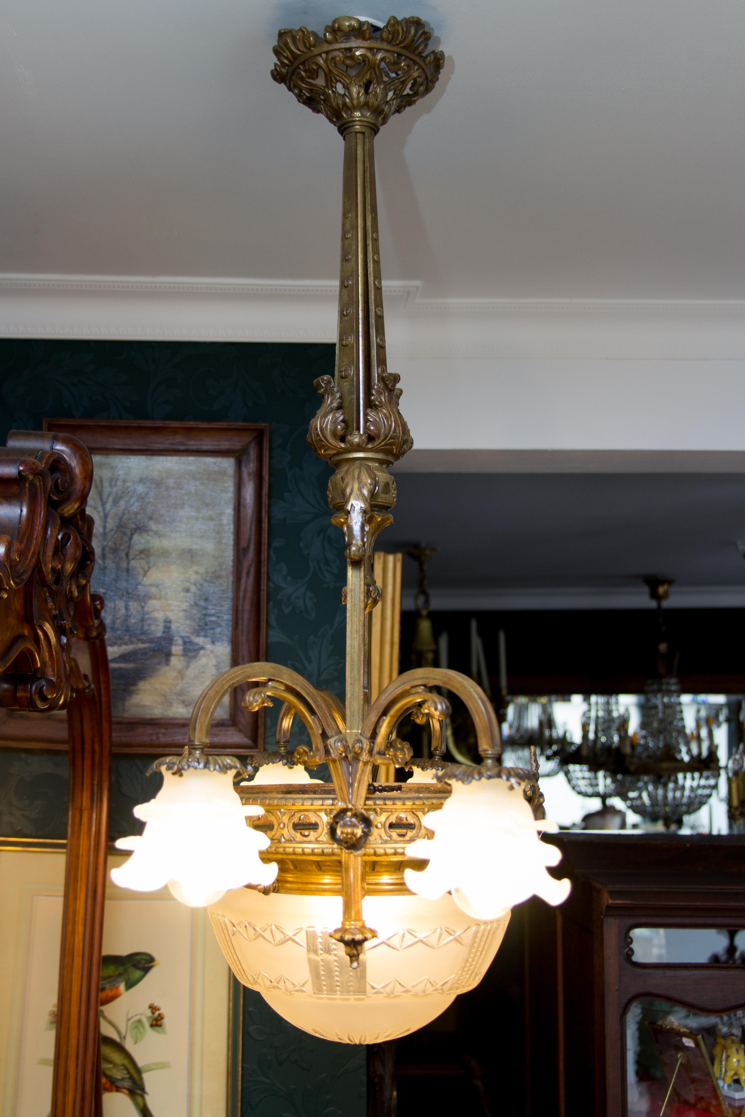 Late 19th Century French Bronze and Frosted Glass Five-Light Chandelier 6