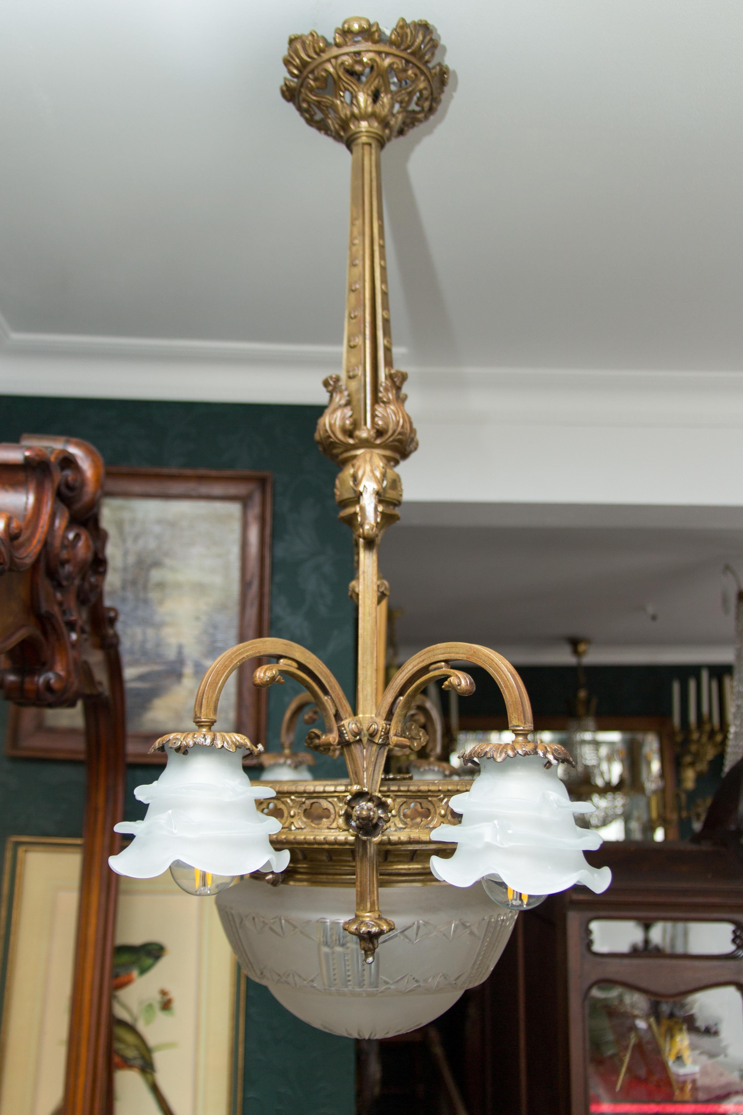 Late 19th Century French Bronze and Frosted Glass Five-Light Chandelier 13