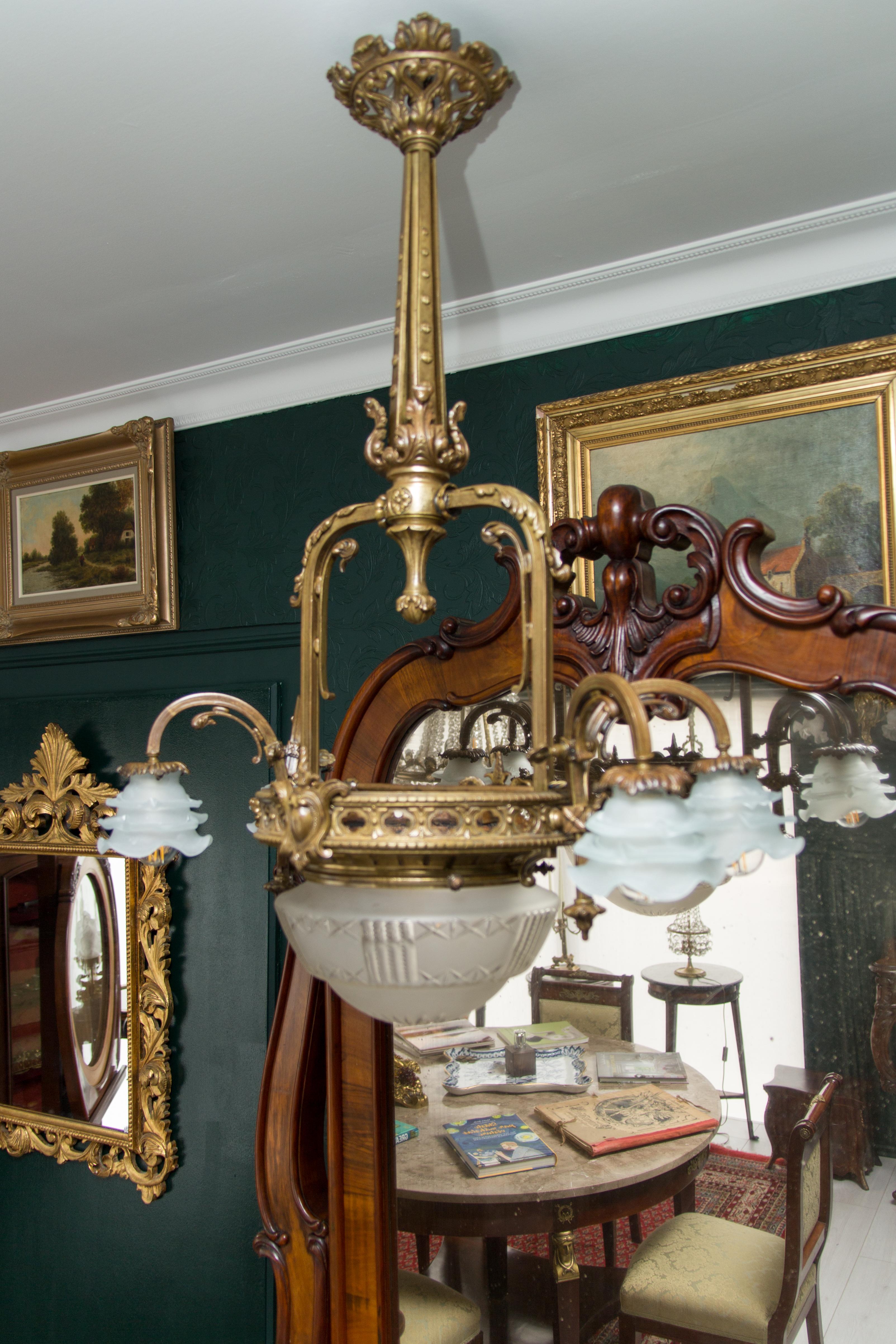 Late 19th Century French Bronze and Frosted Glass Five-Light Chandelier 15