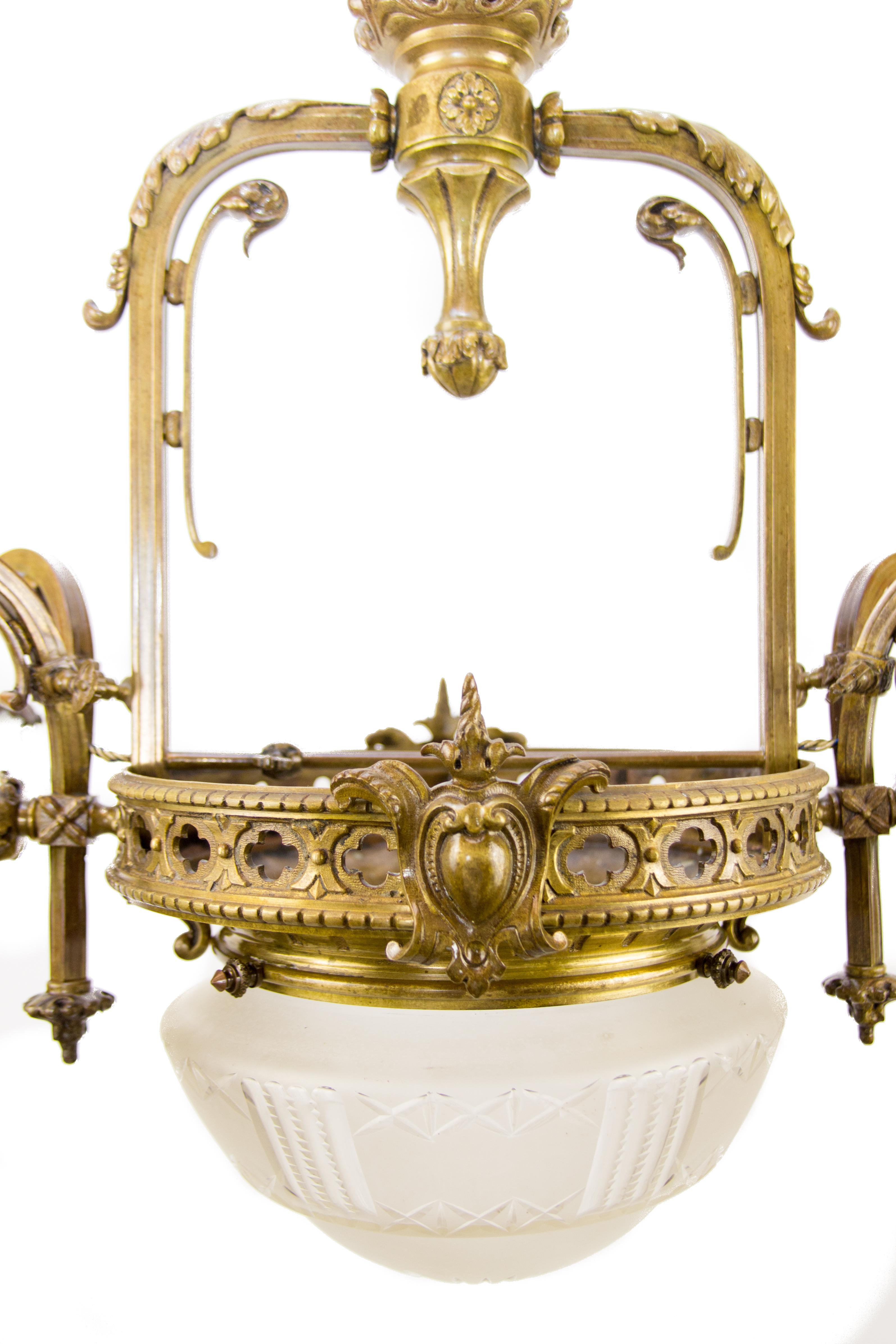 Victorian Late 19th Century French Bronze and Frosted Glass Five-Light Chandelier