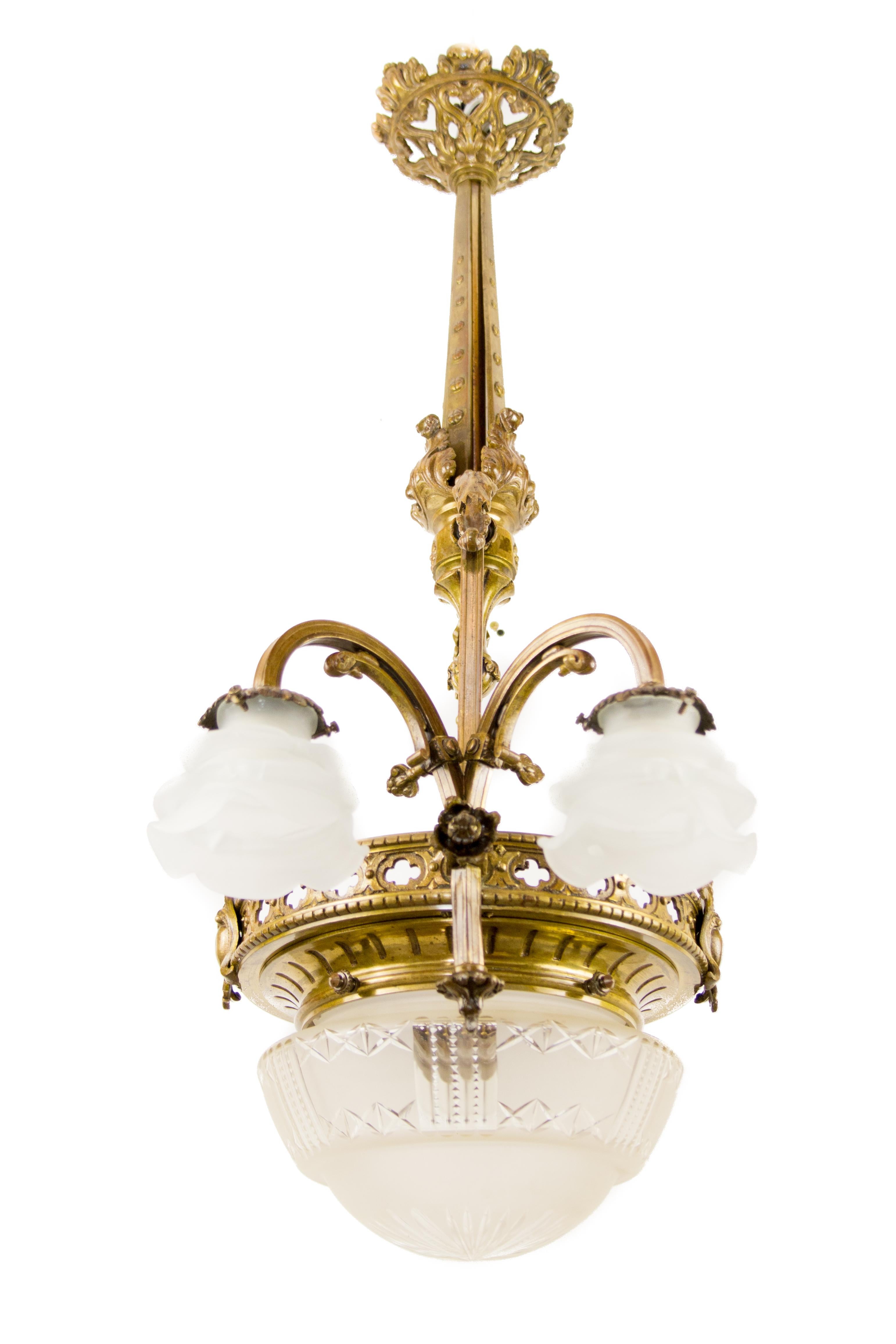 Late 19th Century French Bronze and Frosted Glass Five-Light Chandelier 1