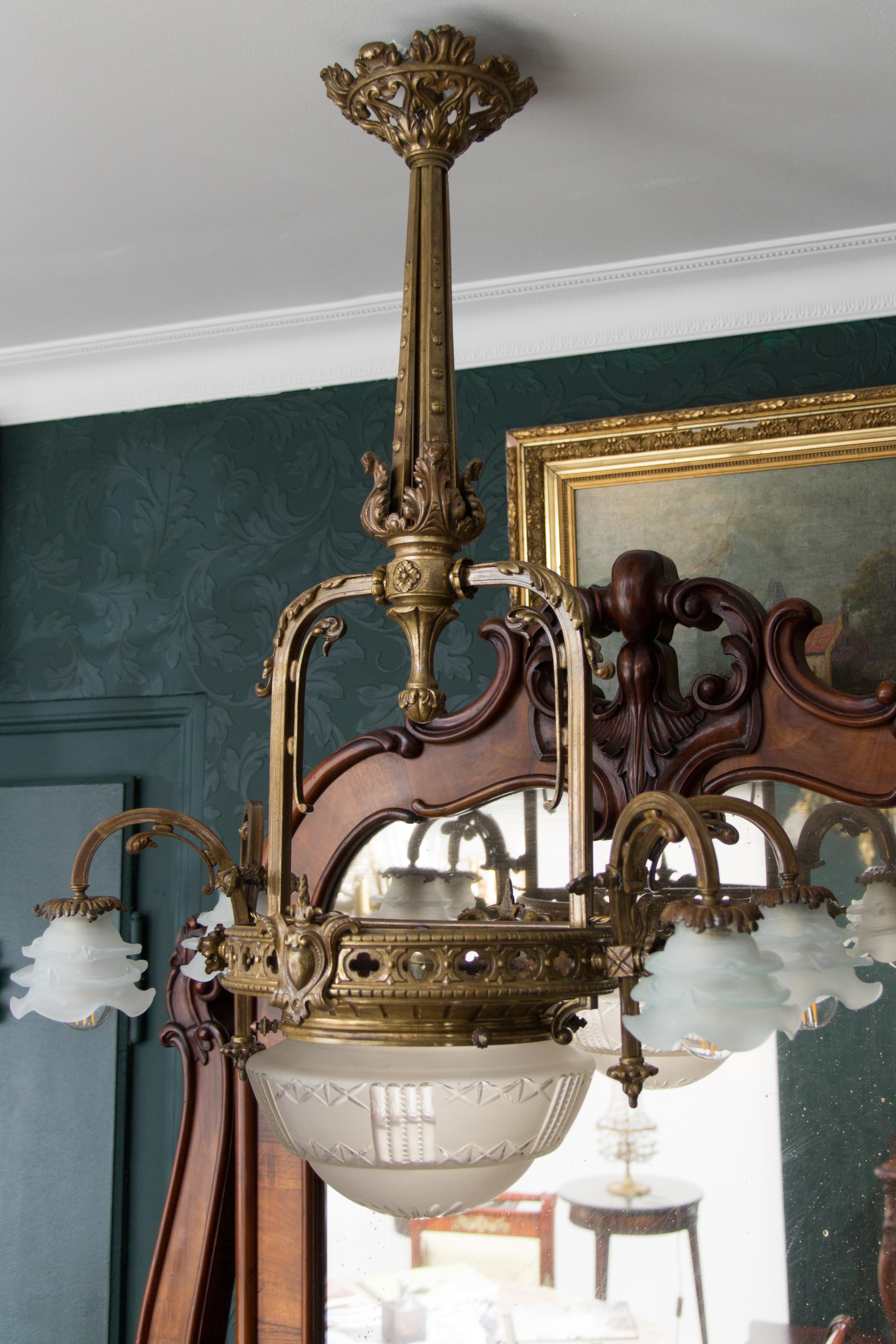 Late 19th Century French Bronze and Frosted Glass Five-Light Chandelier 4
