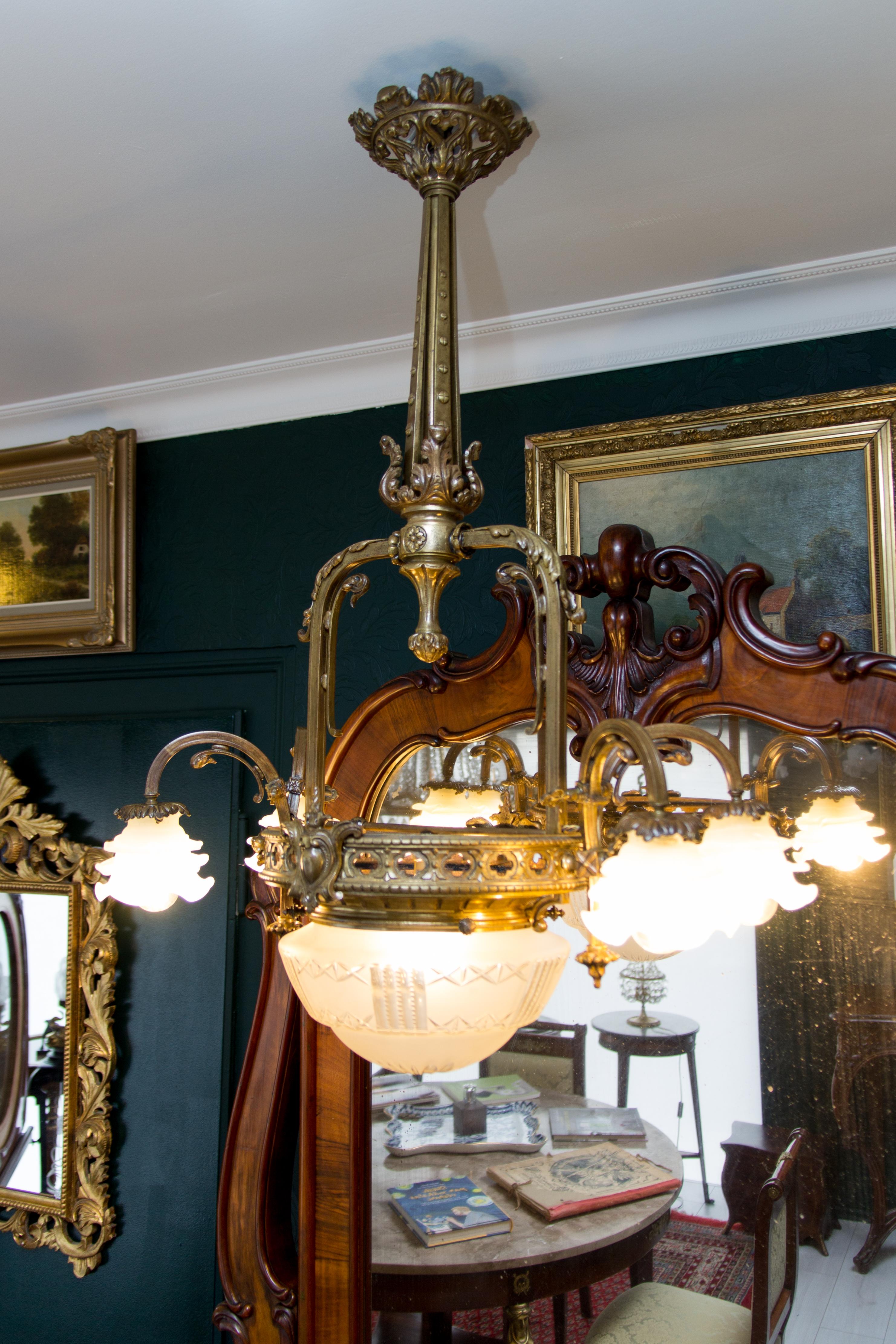Late 19th Century French Bronze and Frosted Glass Five-Light Chandelier 5