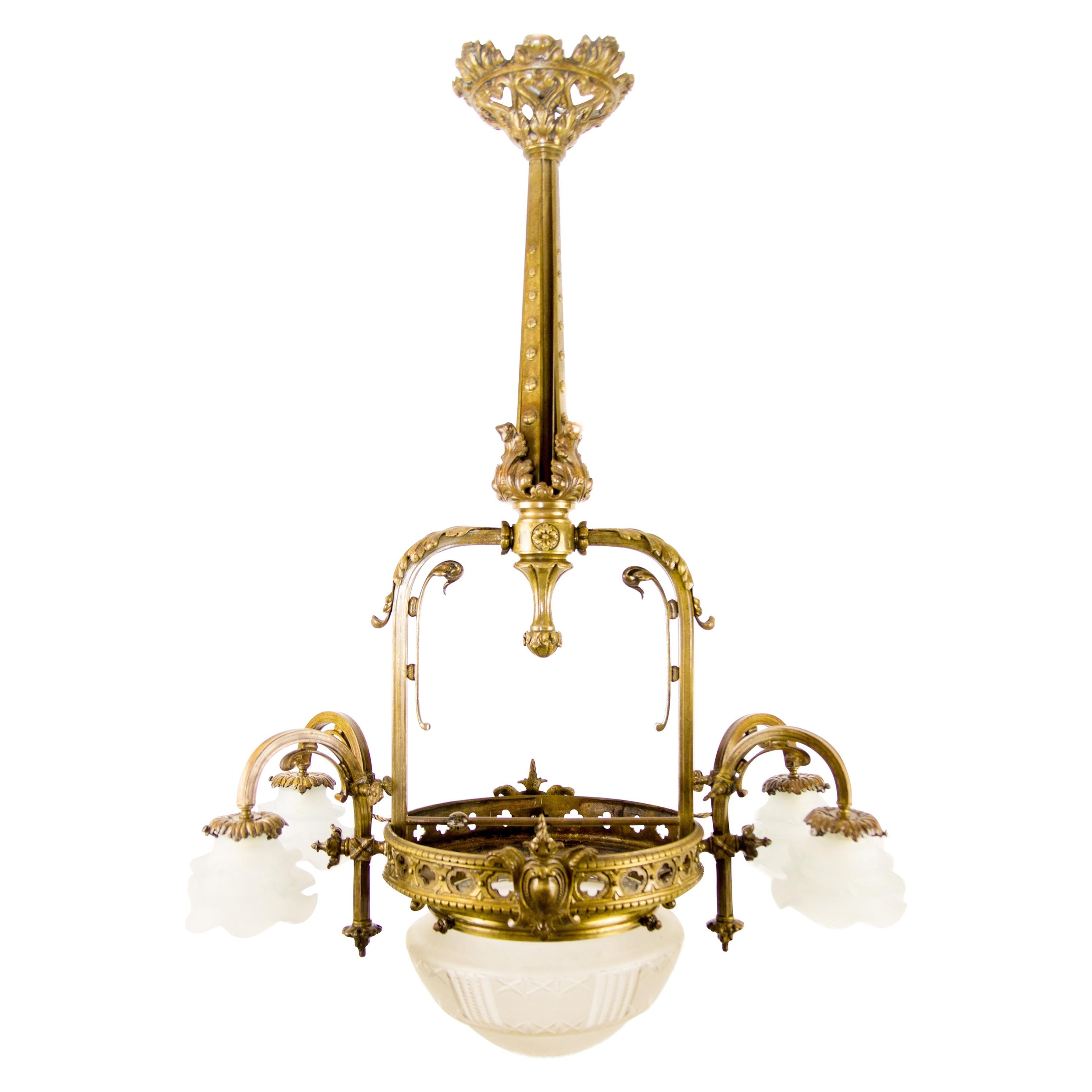 Late 19th Century French Bronze and Frosted Glass Five-Light Chandelier