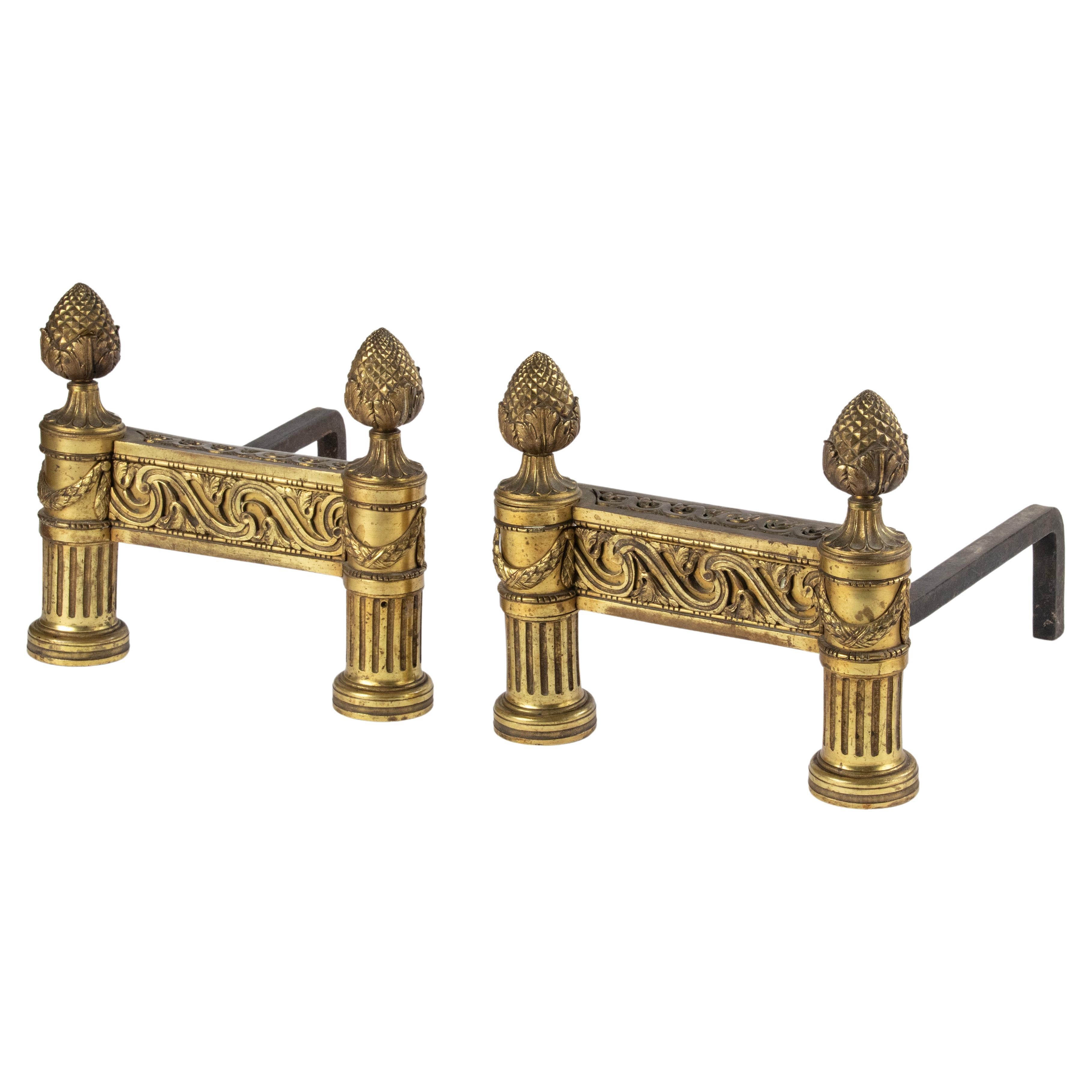 Late 19th Century French Bronze Andirons - Louis XVI Style   For Sale