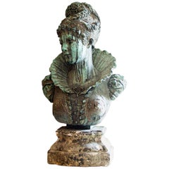 Buste en bronze français de la fin du 19ème siècle représentant une femme élisabéthaine