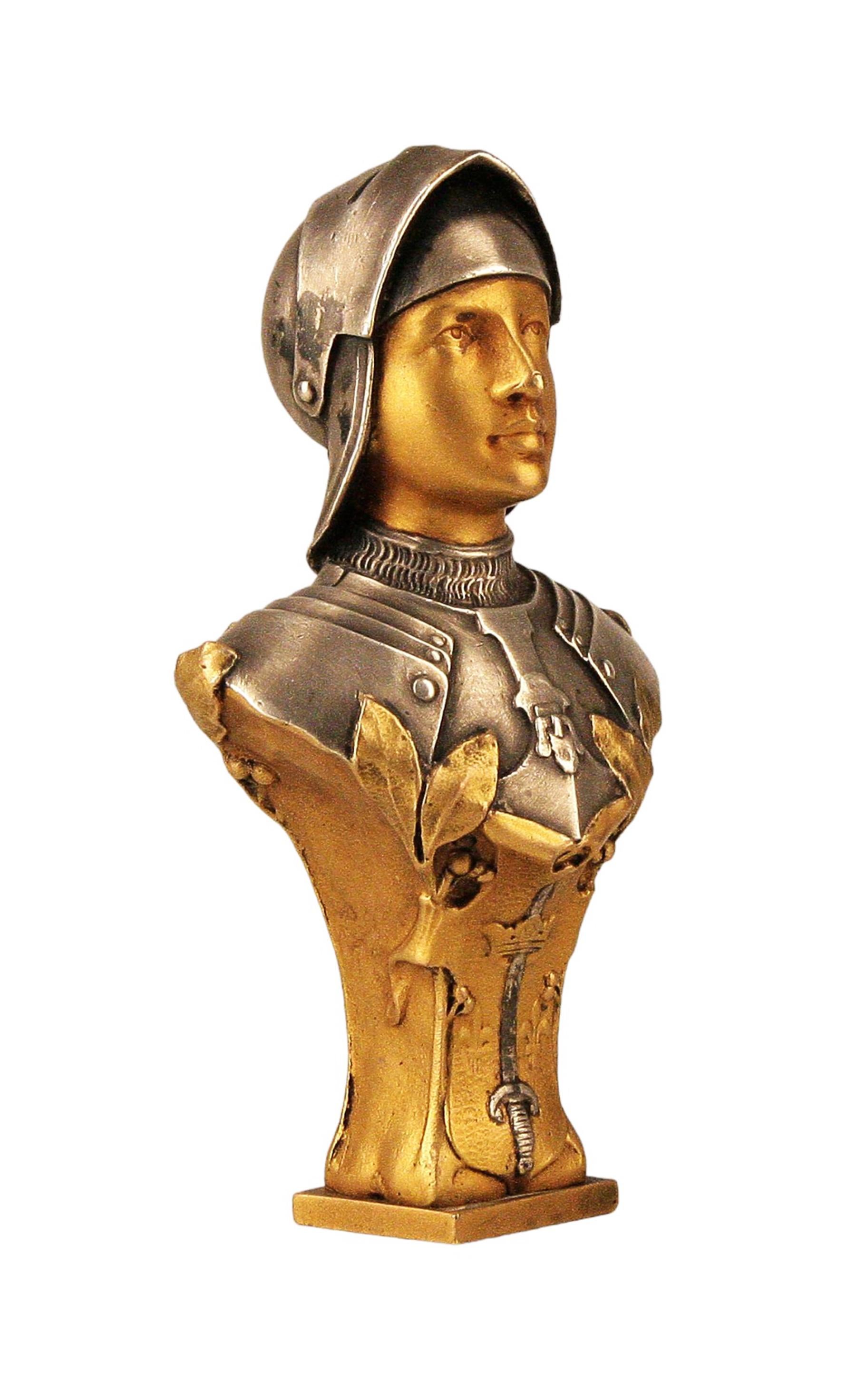 Late 19th century french bronze bust seal of Jeanne d´Arc wearing armor by Edmond-Henri Becker

By: Edmond-Henri Becker
Material: bronze, copper, metal
Technique: cast, molded, patinated, polished, gilt, metalwork
Dimensions: 1.5 in x 3 in x 5