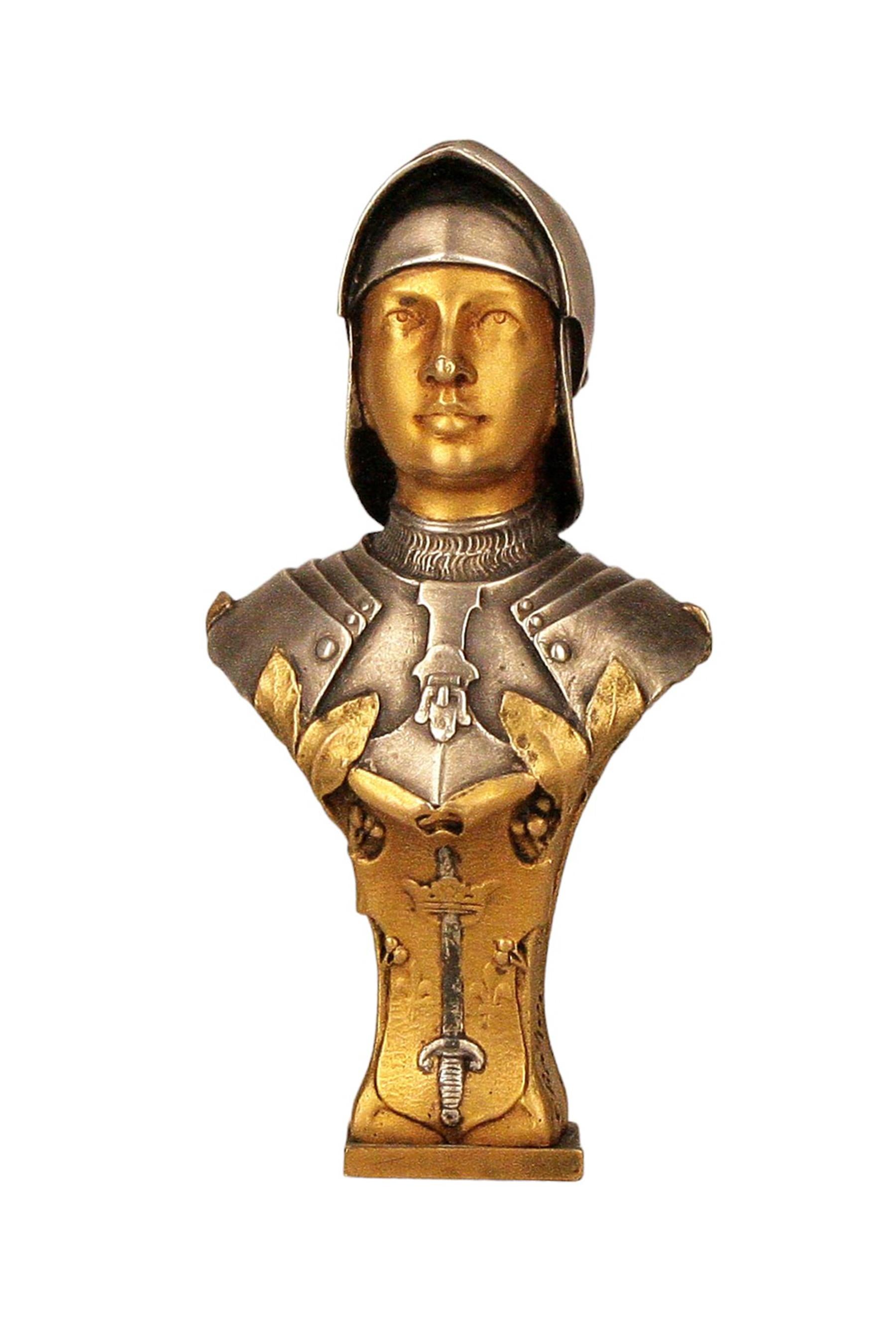 Belle Époque Late 19th Century French Bronze Bust Seal of Jeanne d´Arc in Armor by E. Becker For Sale