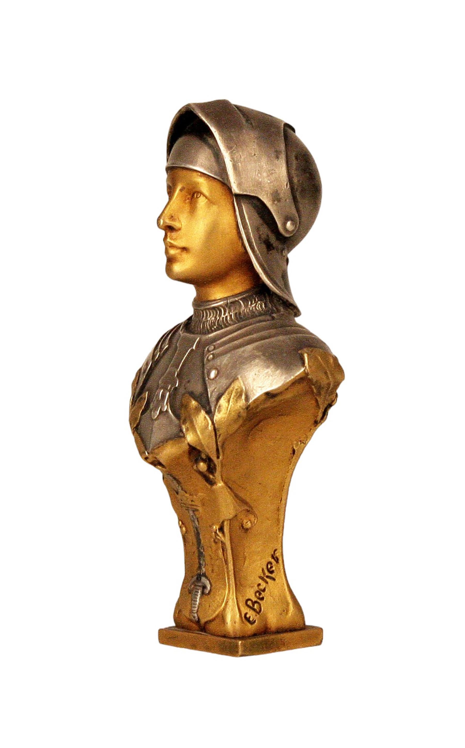 Cast Late 19th Century French Bronze Bust Seal of Jeanne d´Arc in Armor by E. Becker For Sale