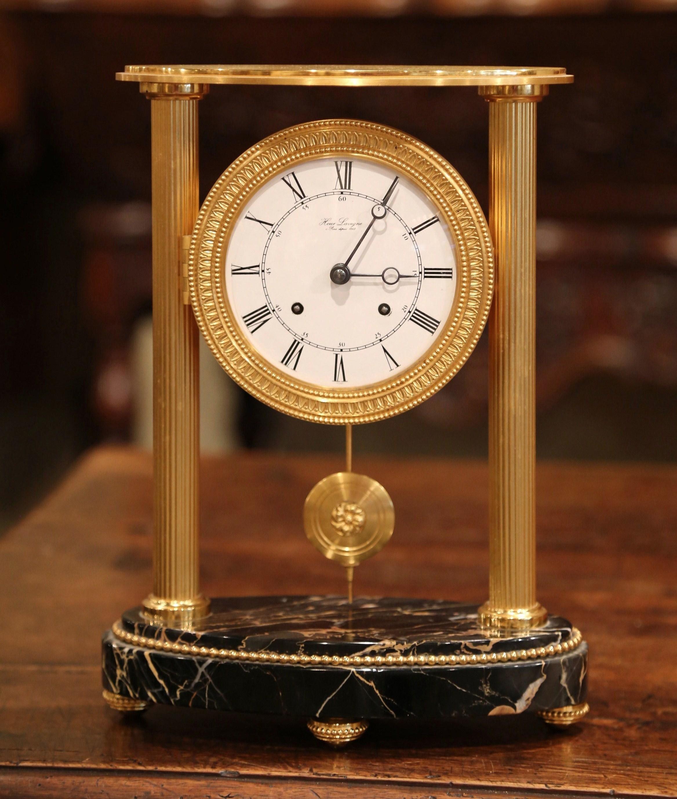 Late 19th Century French Bronze Doré Mantel Clock on Marble Base from Paris In Excellent Condition In Dallas, TX