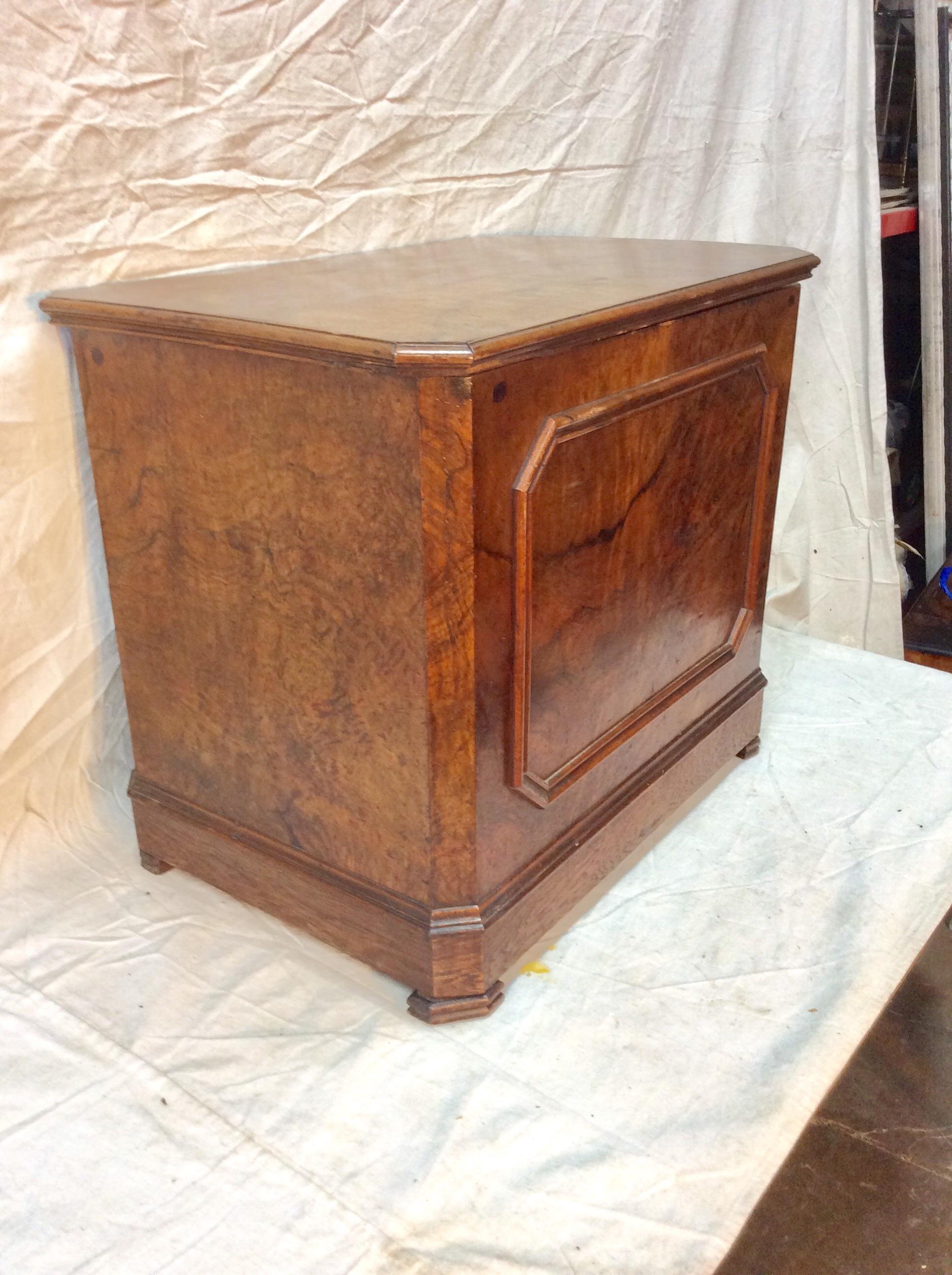 Found in the South if France this Late 19th century French Burlwood Trunk is rectangular in shape and features a beautiful patina. The top opens to reveal a partitioned interior and a hook to hold the piece open. With its clean lines and burlwood
