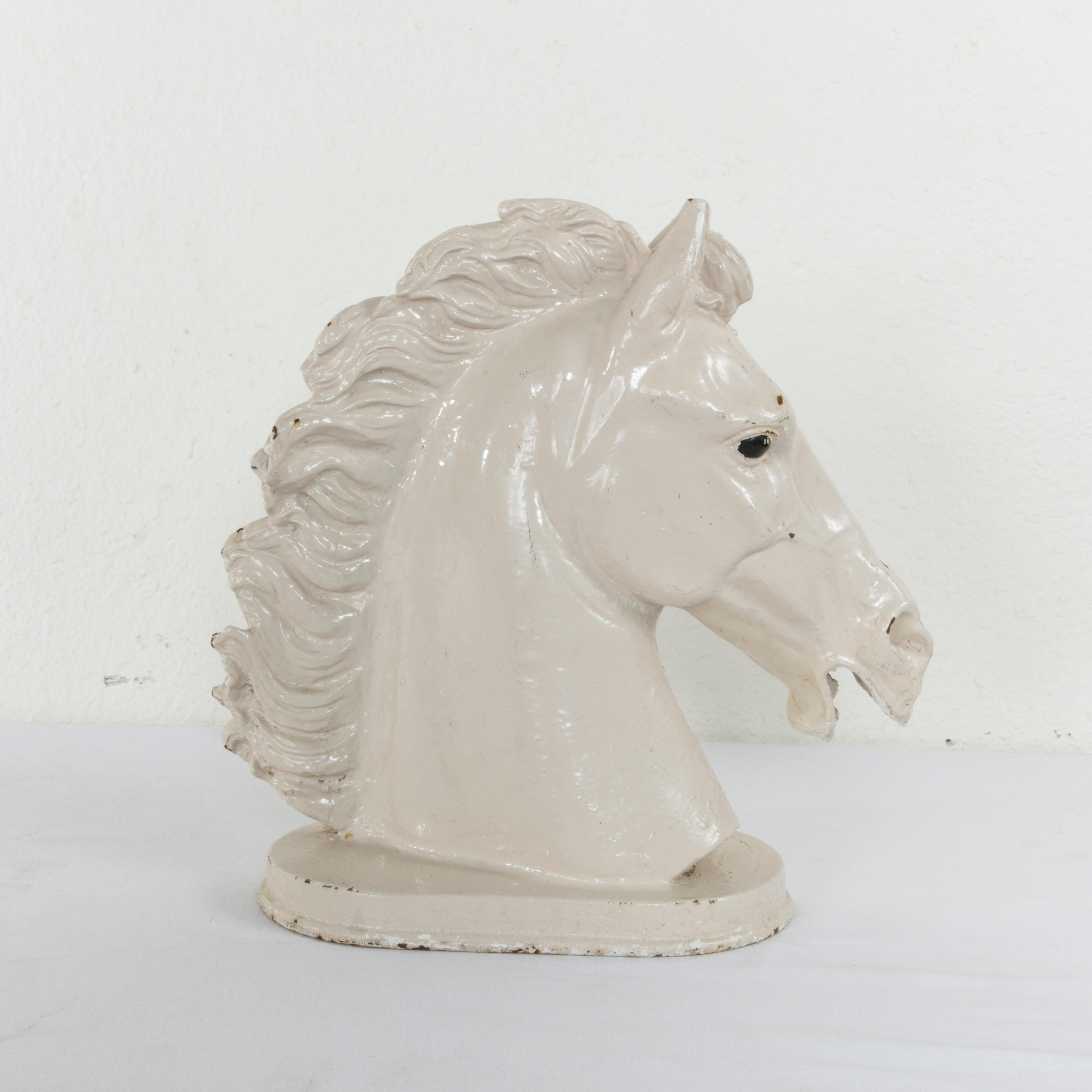 Late 19th Century French Butcher Shop Cast Iron Enameled White Horse Head Bust 1