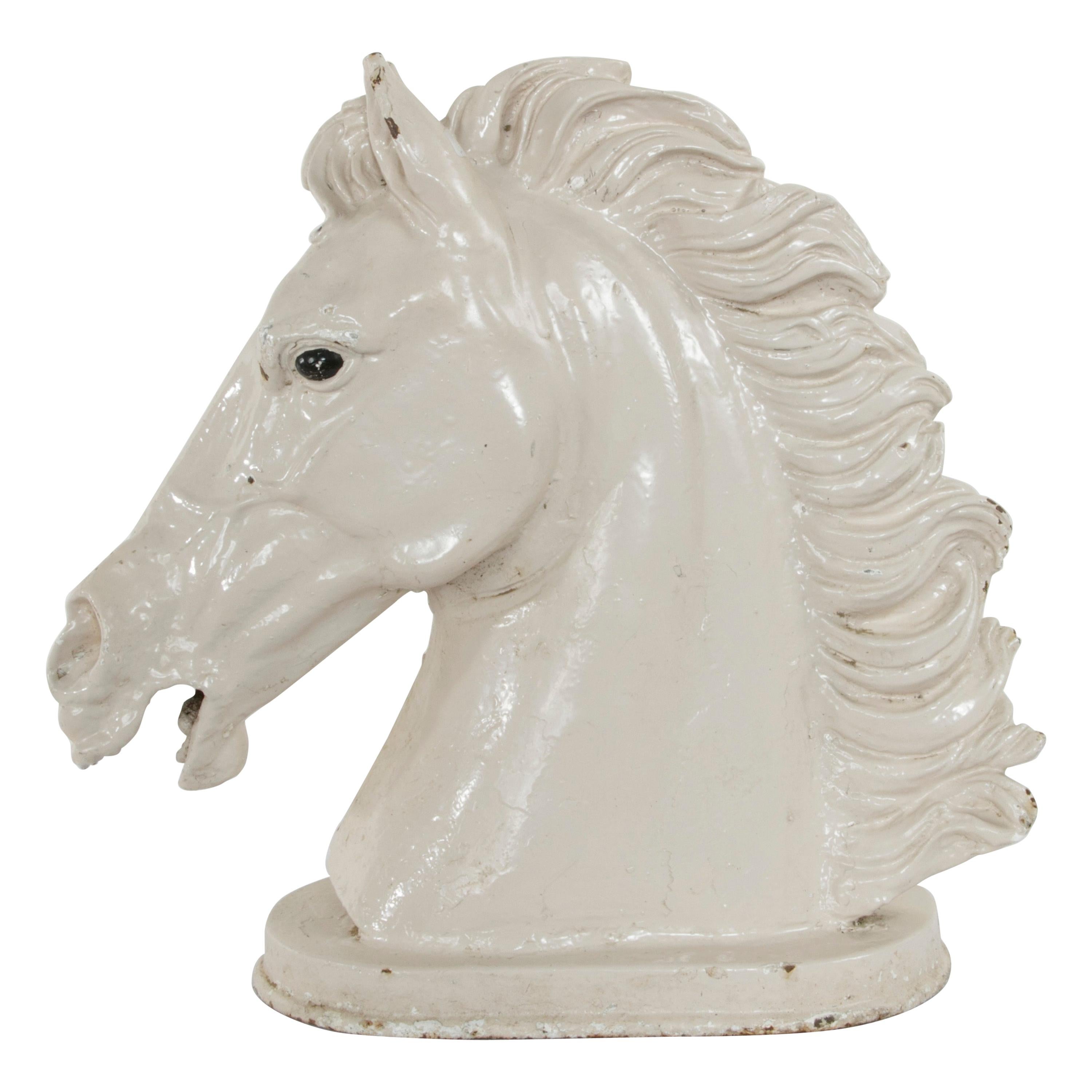 Late 19th Century French Butcher Shop Cast Iron Enameled White Horse Head Bust