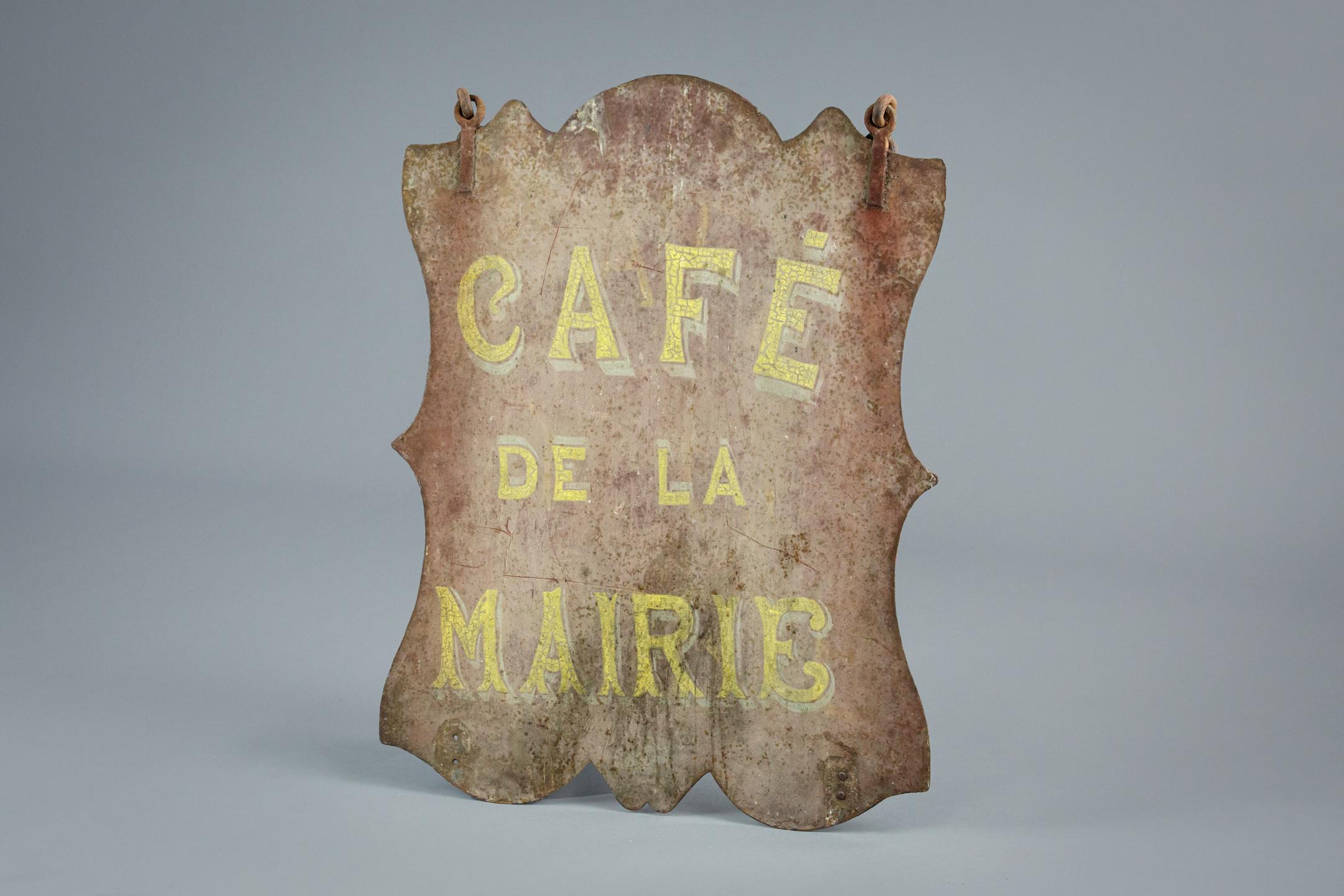 Original double sided heavy gauge sheet metal sign with original fixing points. Cafe de la Mairie. Similar condition and fading to both sides. France Circa 1880.
   