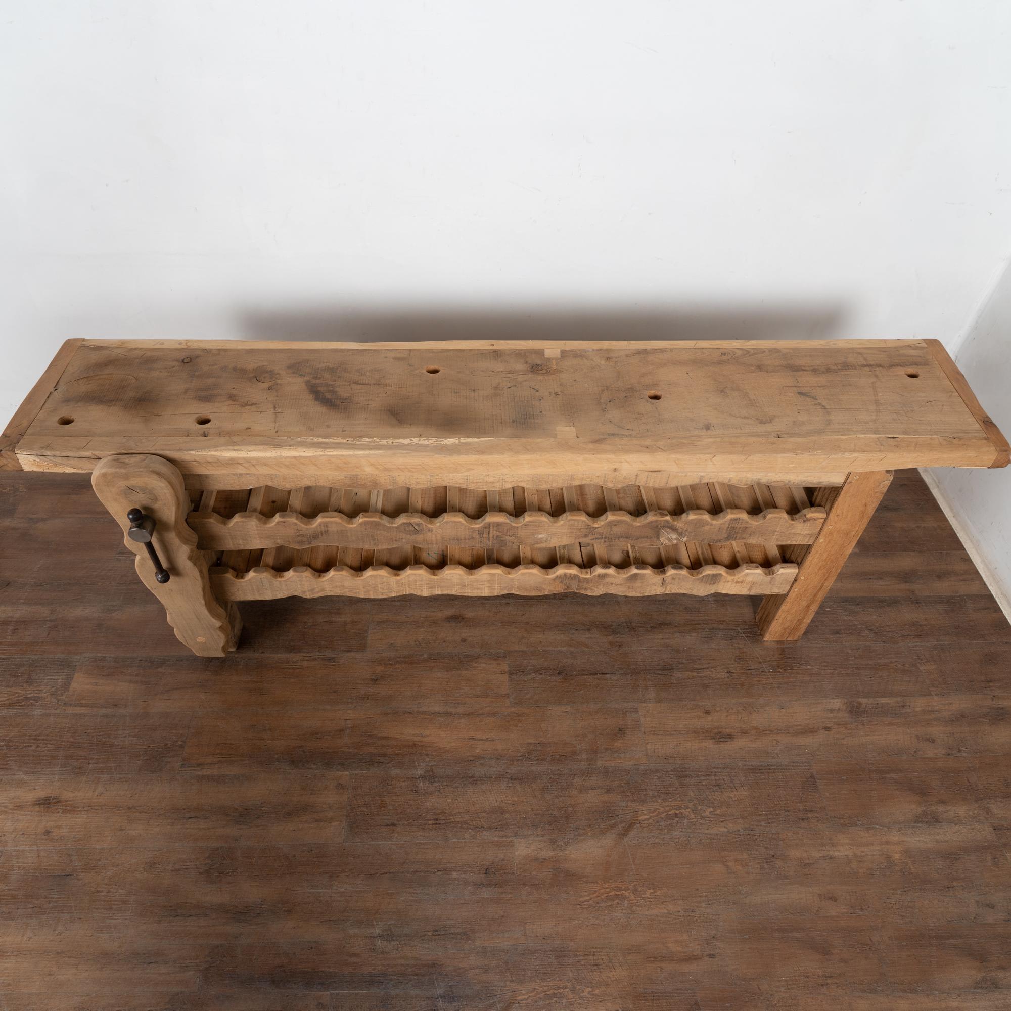 Oak Late 19th Century French Carpenters Workbench Rustic Console with Wine Rack For Sale