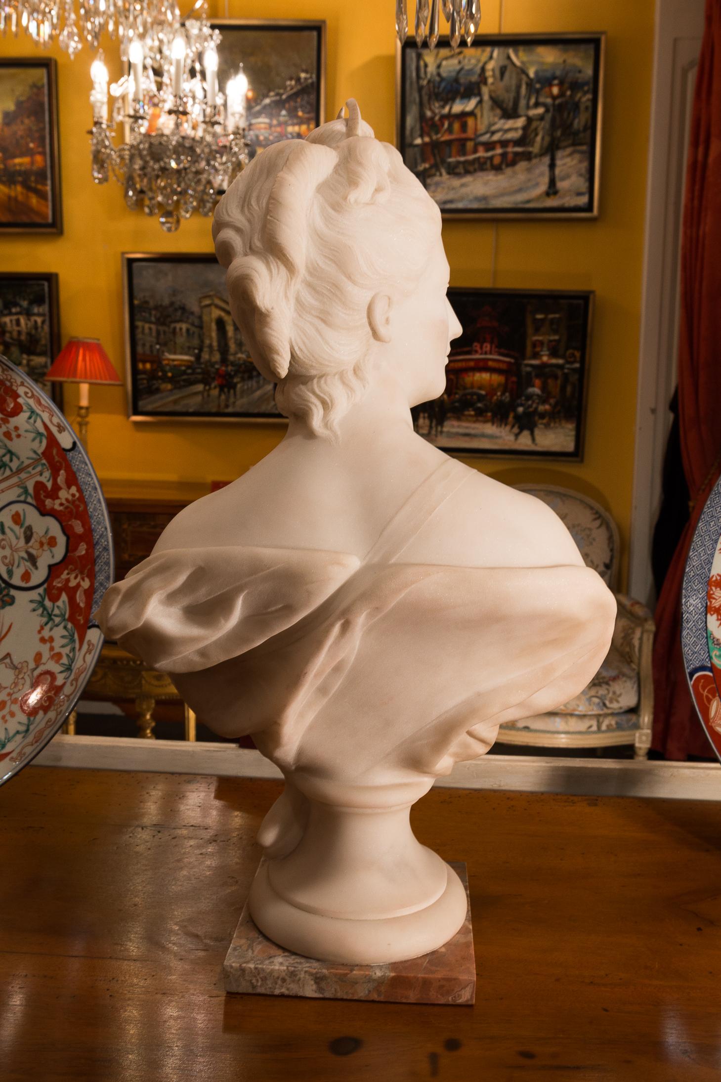 Late 19th Century French Carrara White Marble Bust, Diana Goddess of the Hunt For Sale 7