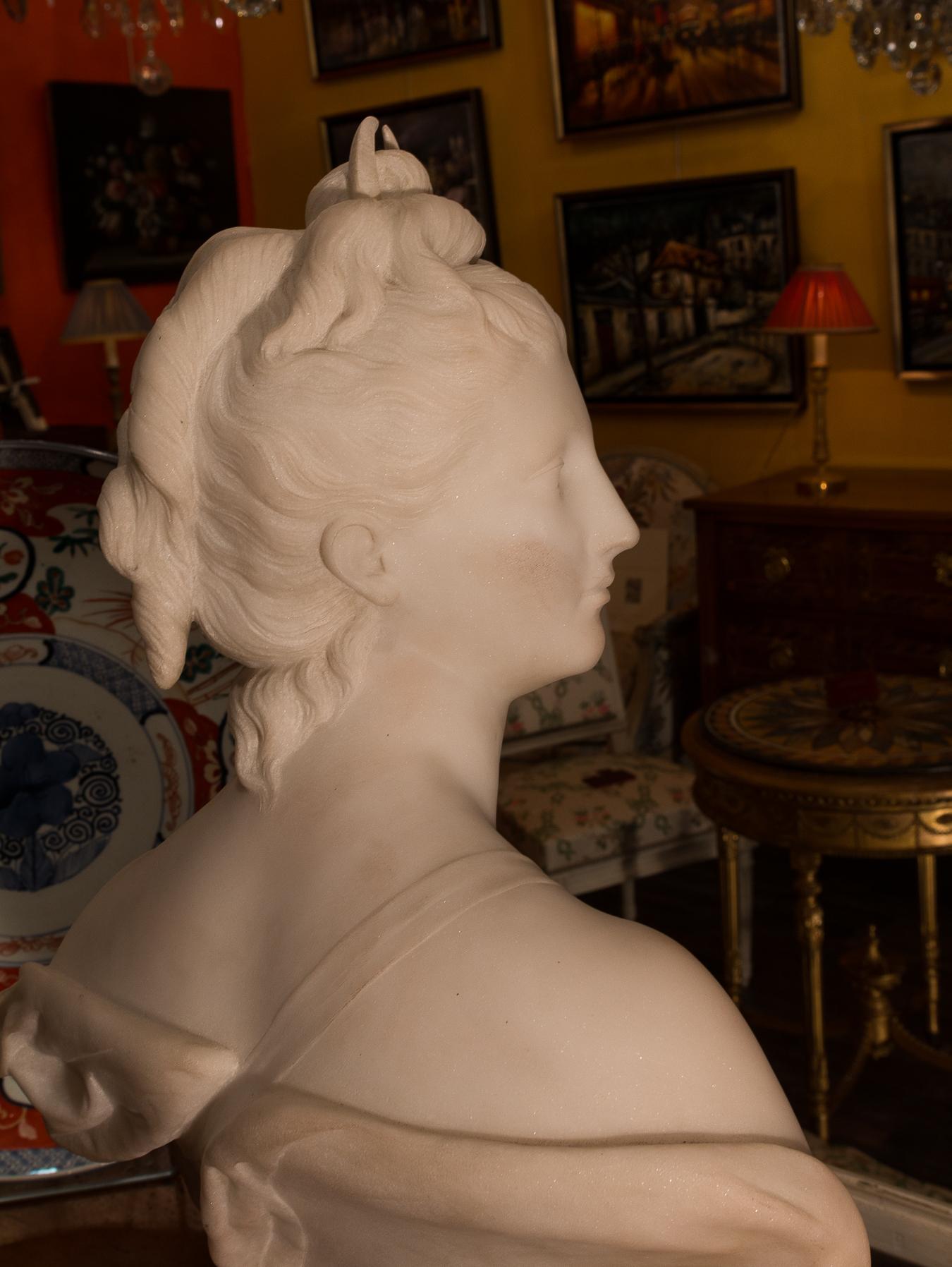 Late 19th Century French Carrara White Marble Bust, Diana Goddess of the Hunt For Sale 8
