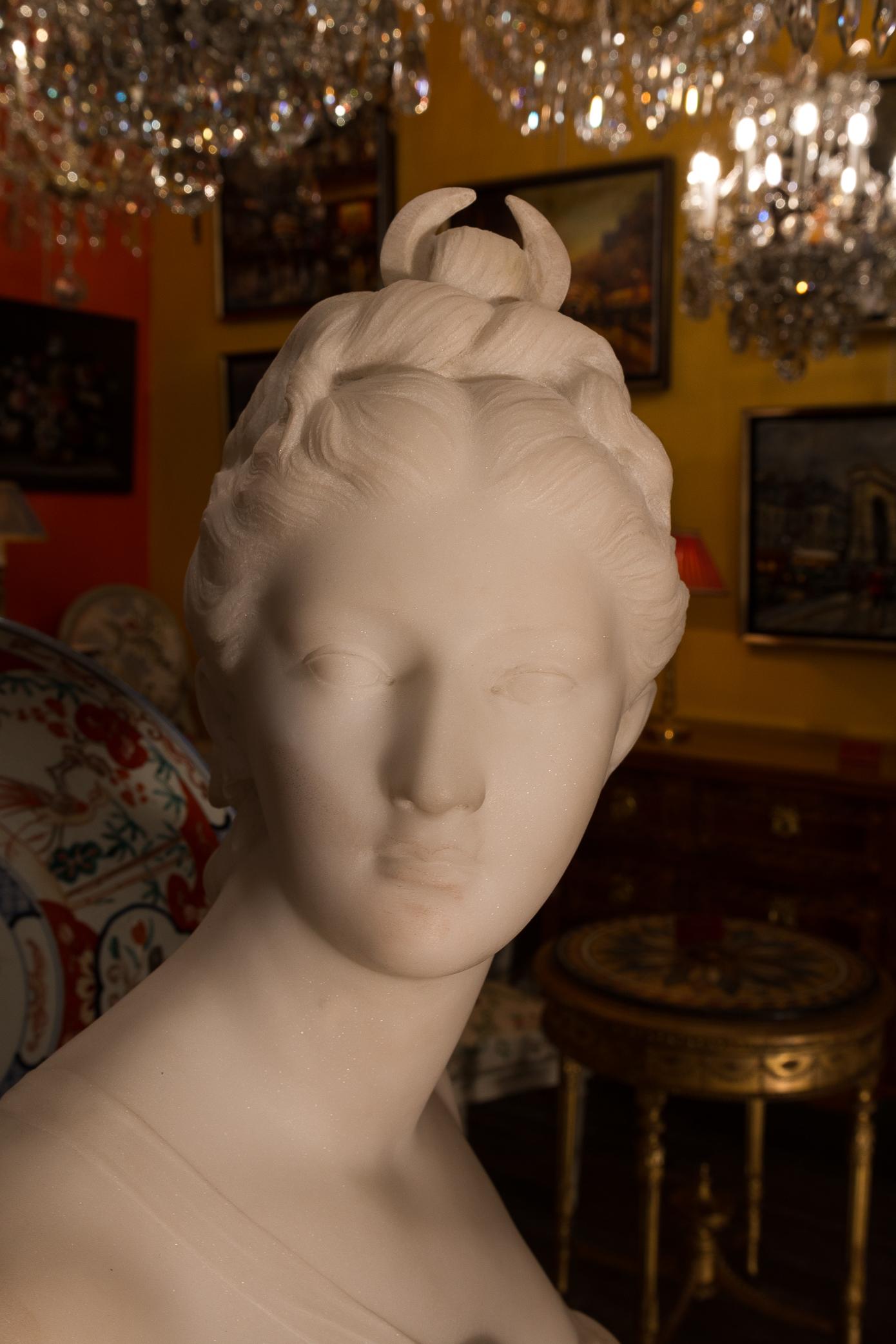 Late 19th Century French Carrara White Marble Bust, Diana Goddess of the Hunt For Sale 9