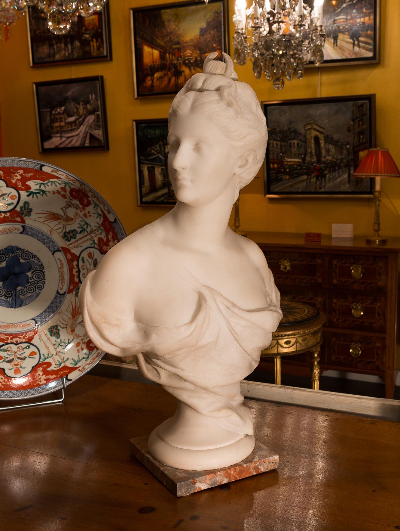Hand-Carved Late 19th Century French Carrara White Marble Bust, Diana Goddess of the Hunt For Sale