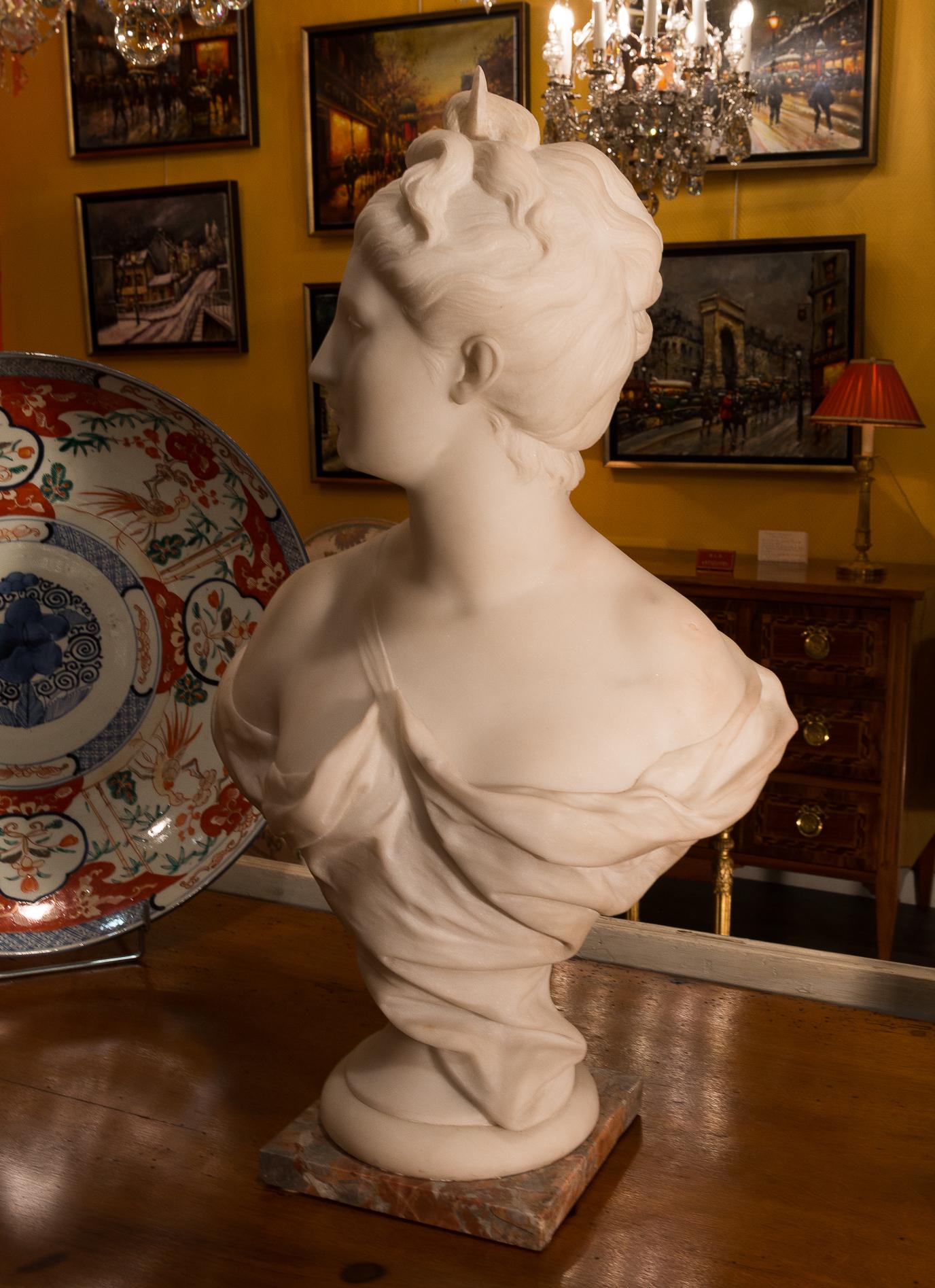 Late 19th Century French Carrara White Marble Bust, Diana Goddess of the Hunt For Sale 2