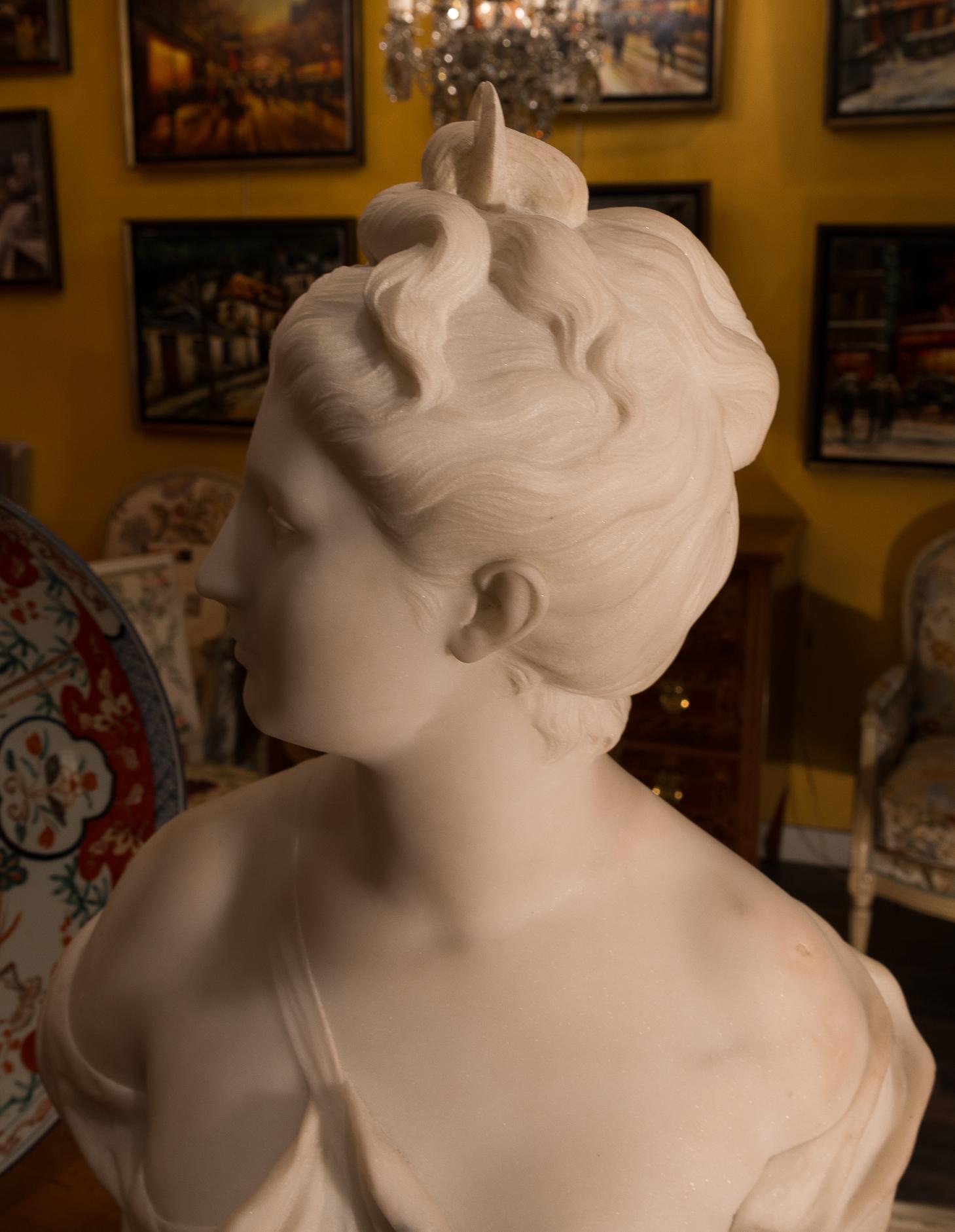 Late 19th Century French Carrara White Marble Bust, Diana Goddess of the Hunt For Sale 3