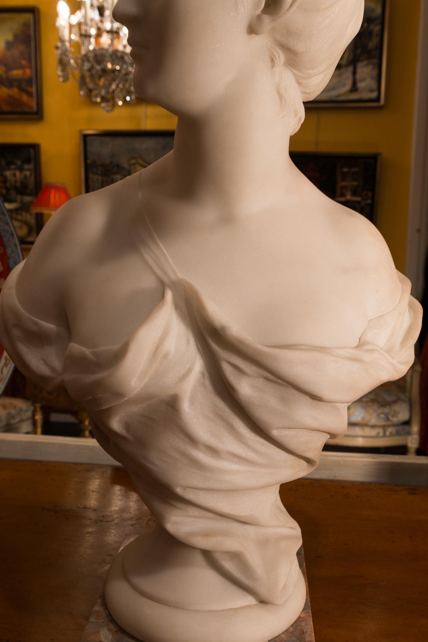 Late 19th Century French Carrara White Marble Bust, Diana Goddess of the Hunt For Sale 4