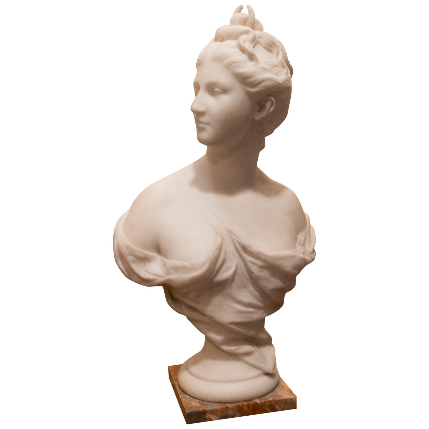 Late 19th Century French Carrara White Marble Bust, Diana Goddess of the Hunt For Sale