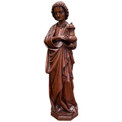 Antique Late 19th Century French Carved Oak Statuary of Saint Mary Magdalene