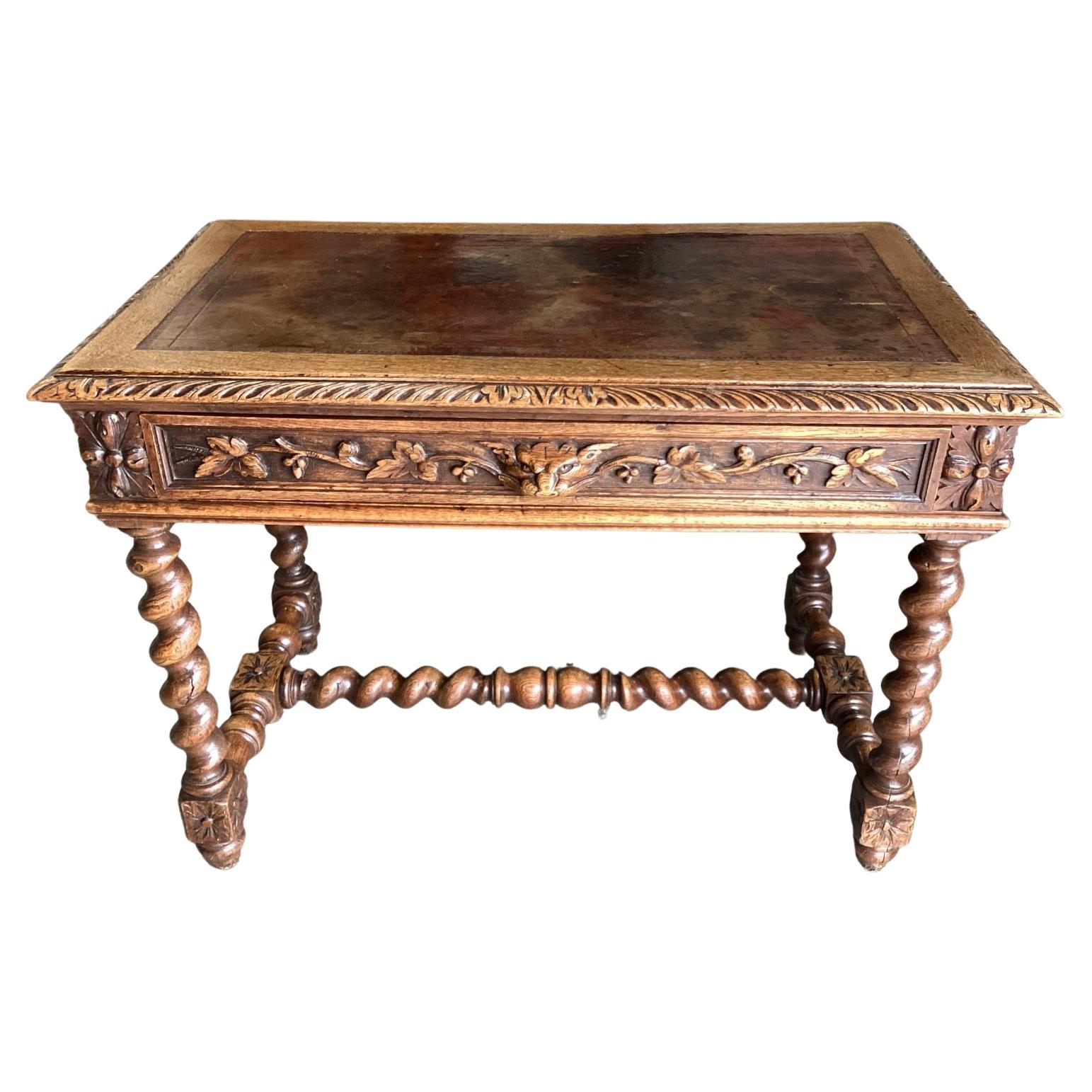 Late 19th Century French Carved Oak Writing Desk with Leather Top For Sale