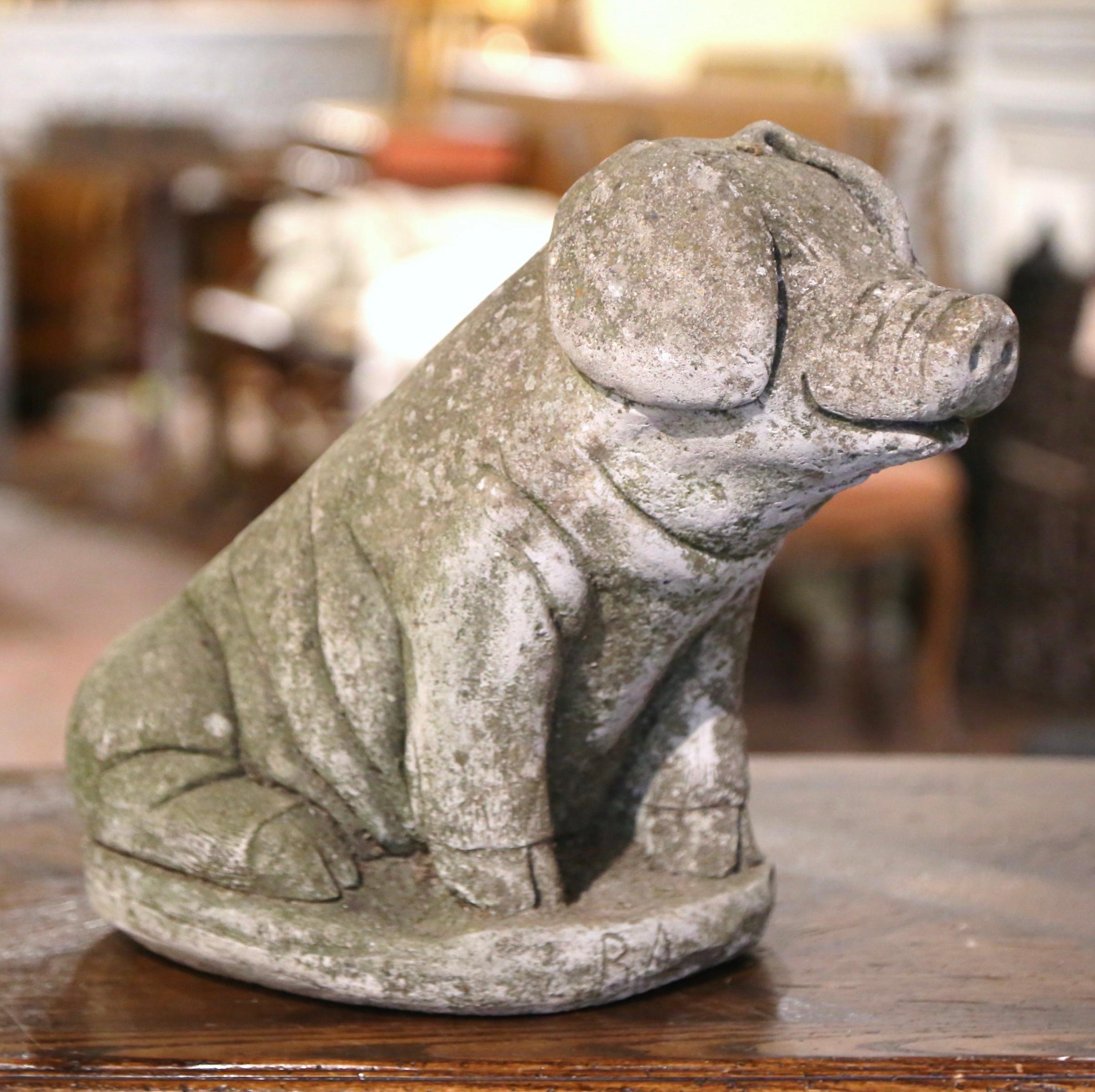 Hand-Crafted Late 19th Century French Carved Weathered Concrete Garden Pig Sculpture