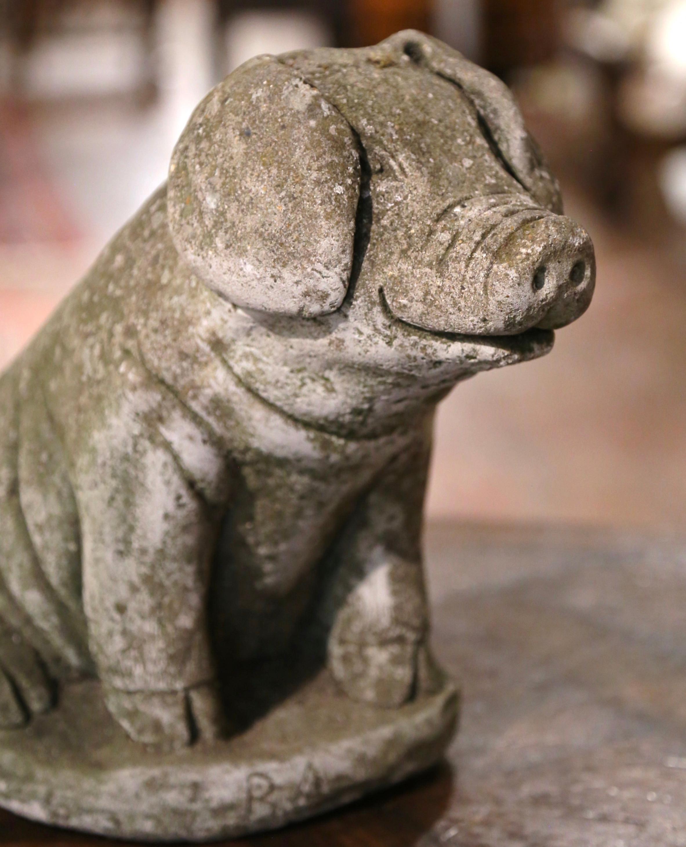 Late 19th Century French Carved Weathered Concrete Garden Pig Sculpture In Excellent Condition In Dallas, TX