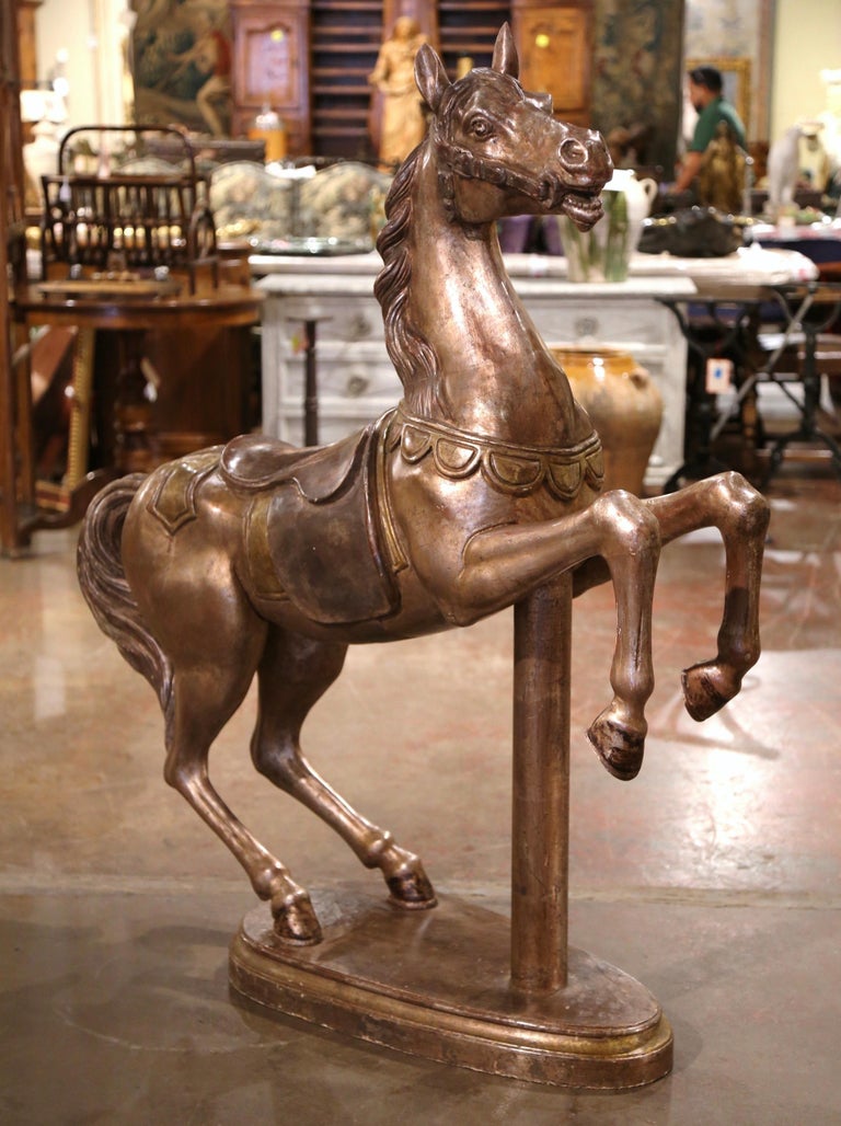 Late 19th Century French Carved Wooden and Silvered Carousel Horse on
