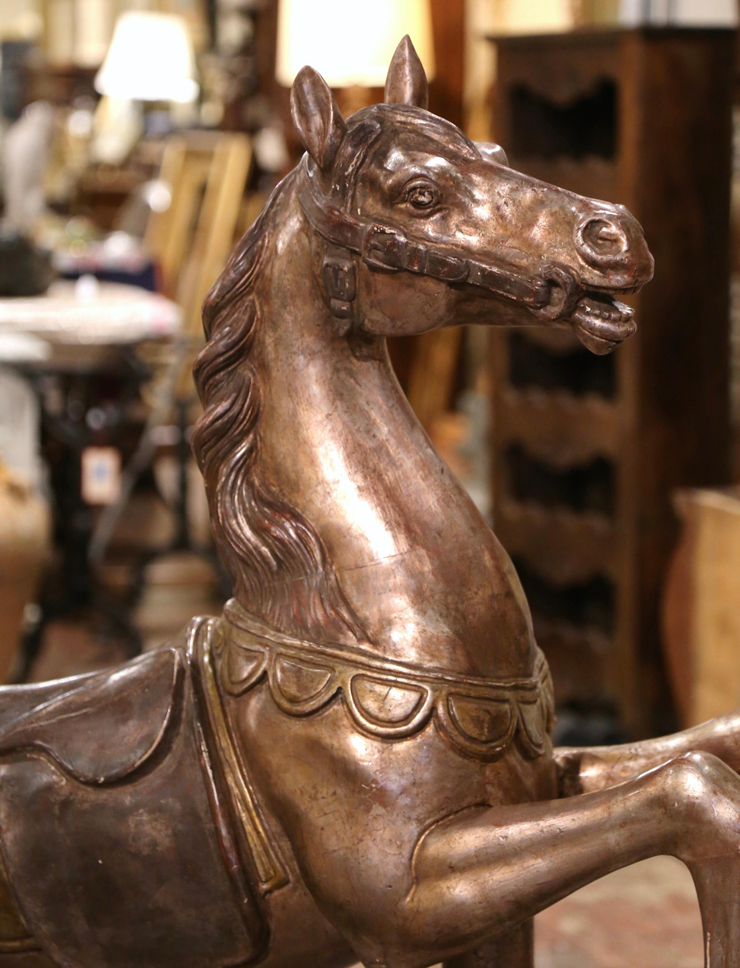 Country Late 19th Century French Carved Wooden and Silvered Carousel Horse on Stand For Sale