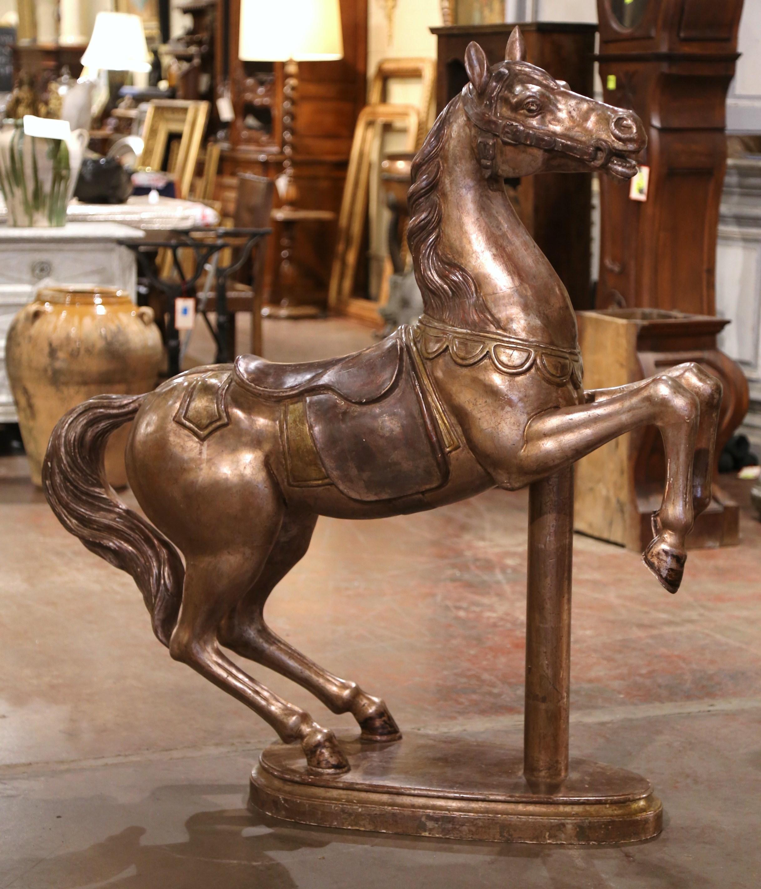 Late 19th Century French Carved Wooden and Silvered Carousel Horse on Stand In Excellent Condition For Sale In Dallas, TX