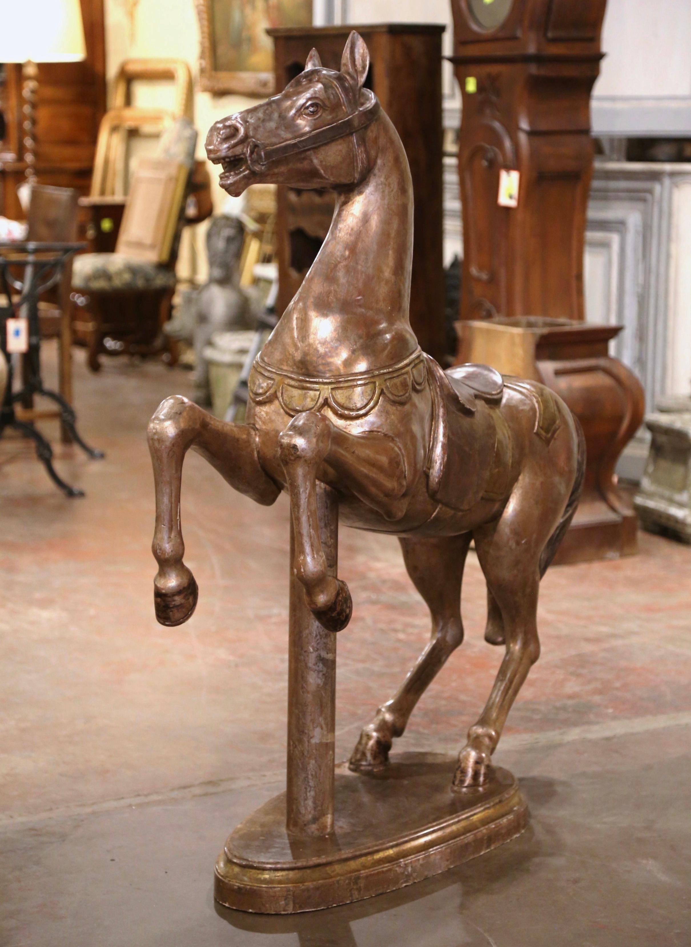 Silver Leaf Late 19th Century French Carved Wooden and Silvered Carousel Horse on Stand For Sale