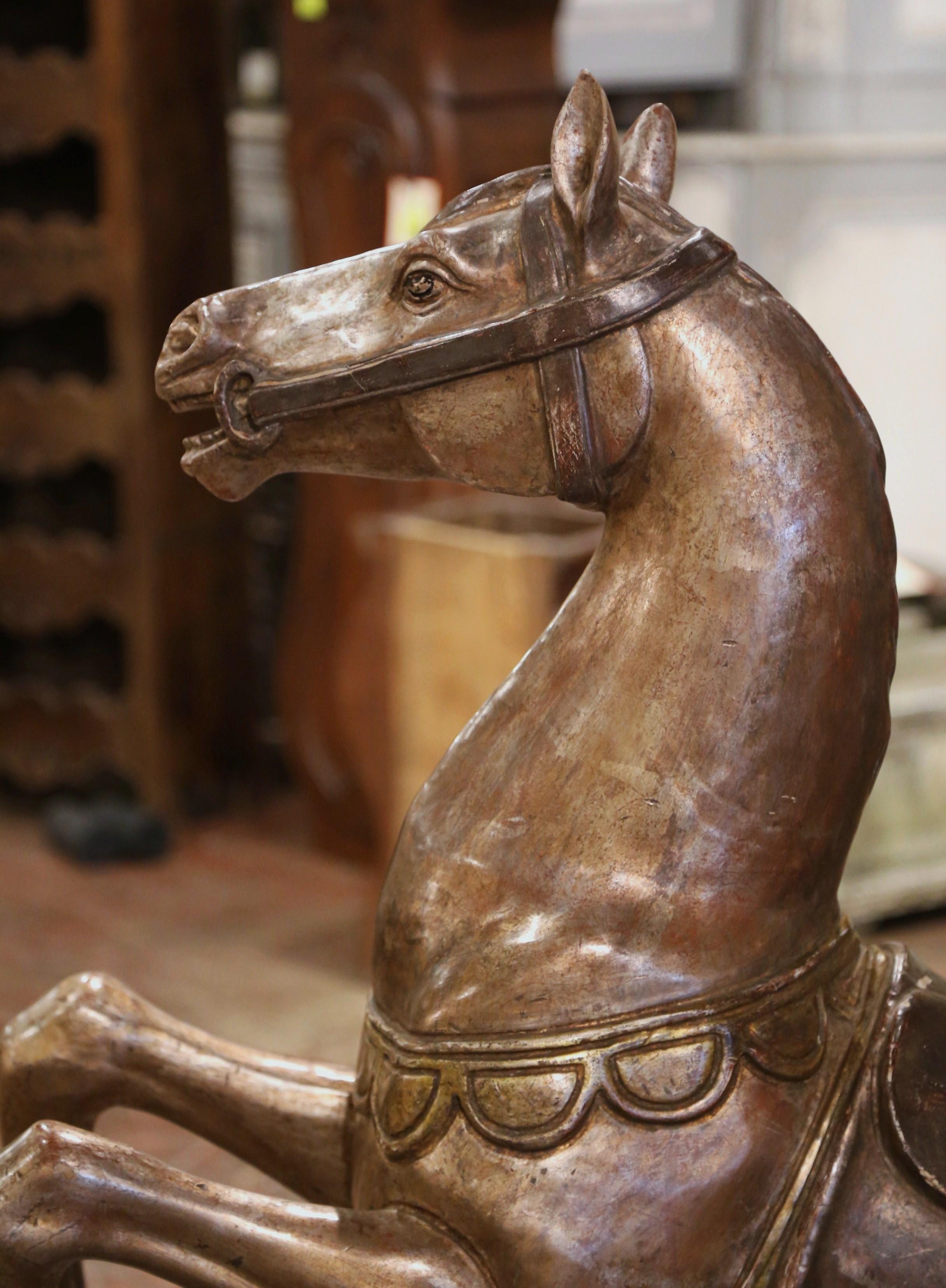 Late 19th Century French Carved Wooden and Silvered Carousel Horse on Stand For Sale 1